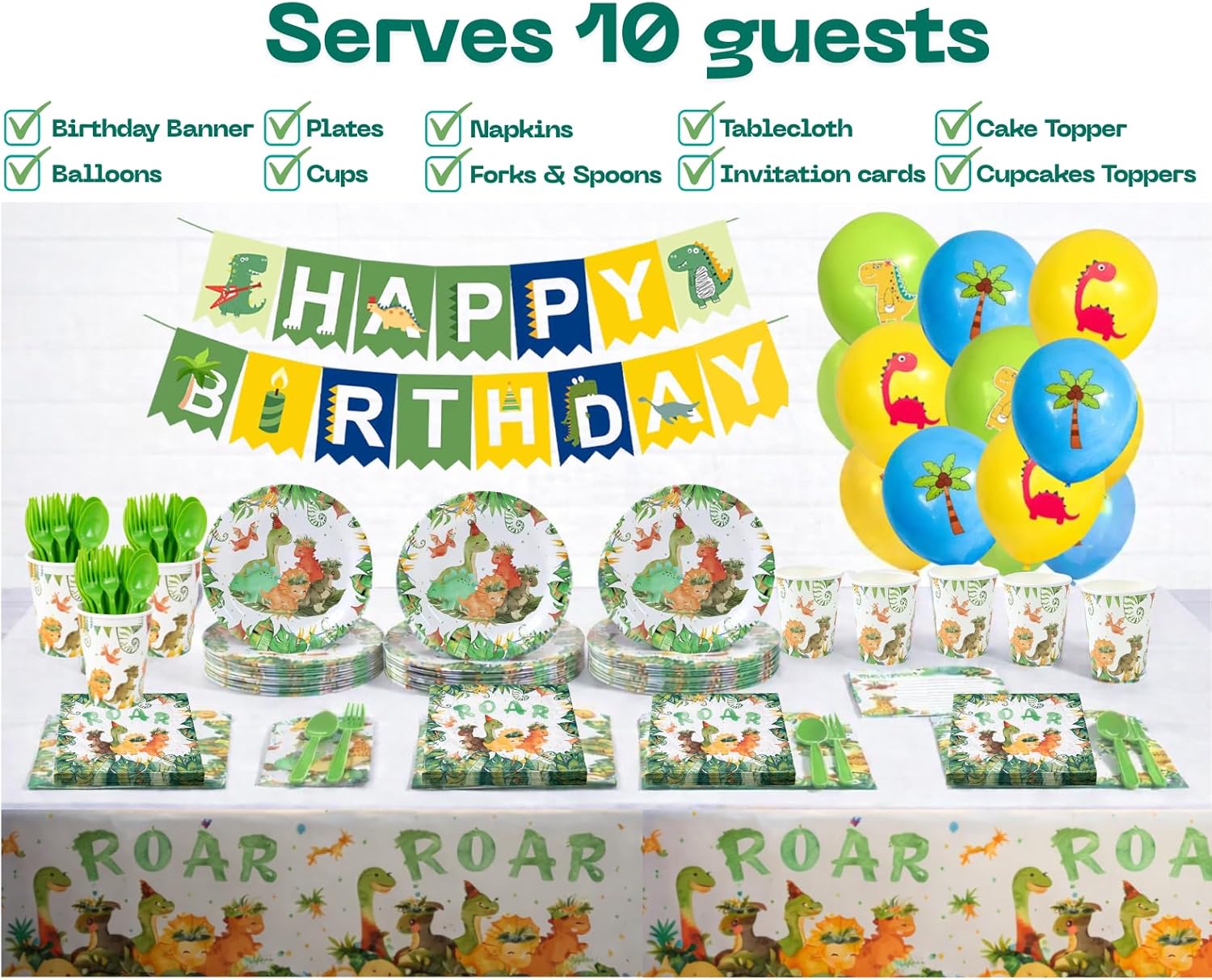 Dinosaur Birthday Party Decorations Set – 119 PCS Dino Theme Party Supplies for Kids, Banner, Balloons, Plates, Cups, Napkins, Tablecloth, Invitations & Cake Toppers