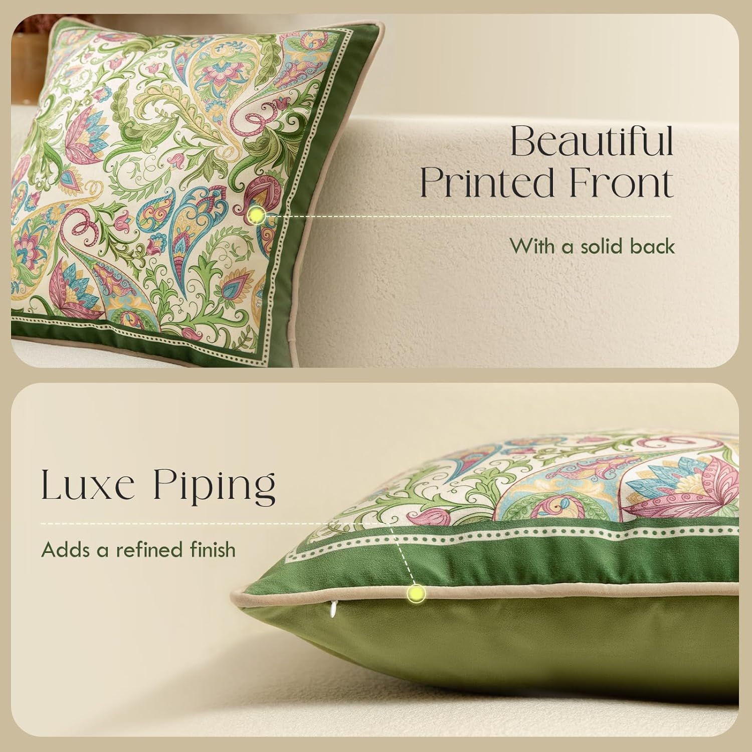 Boho Throw Pillow Covers Floral, Velvet Pillow Cases 18x18, Green Accent Pillow for Couch Sofa Bed Living Room, Green Paisley