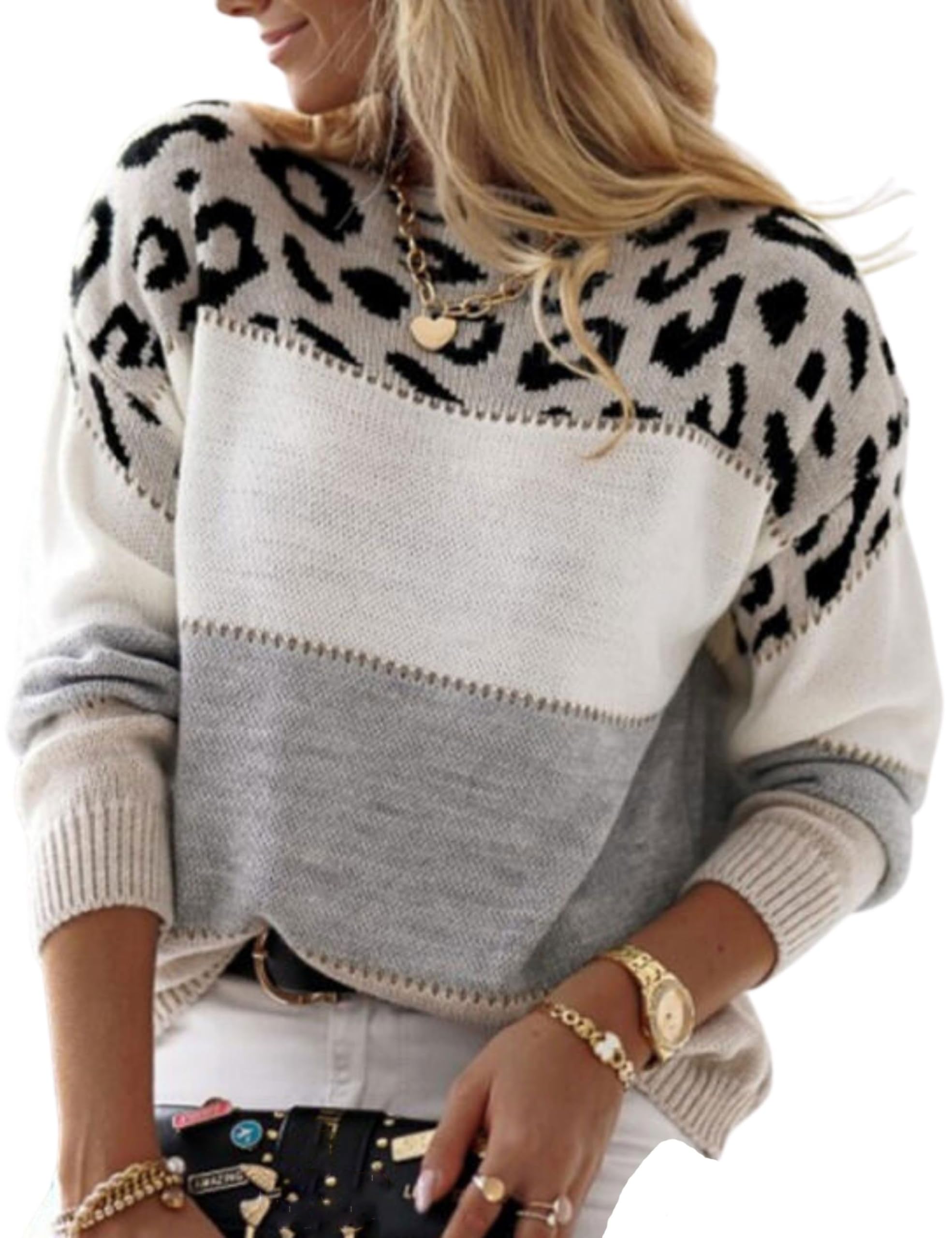 FindThy Womens Leopard Printed Striped Sweater Crewneck Knitted Long Sleeve Color Block Pullover