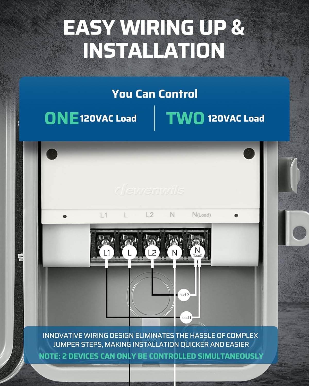 Wiring diagram for controlling two 120VAC loads with DEWENWILS PTW01 timer