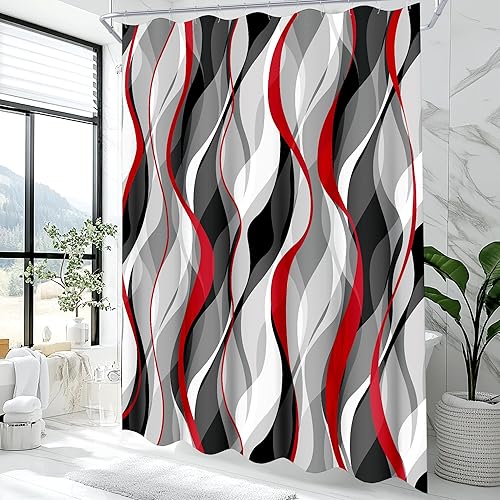 weesire Rideau de douche rouge et gris en tissu moderne à rayures abstraites min