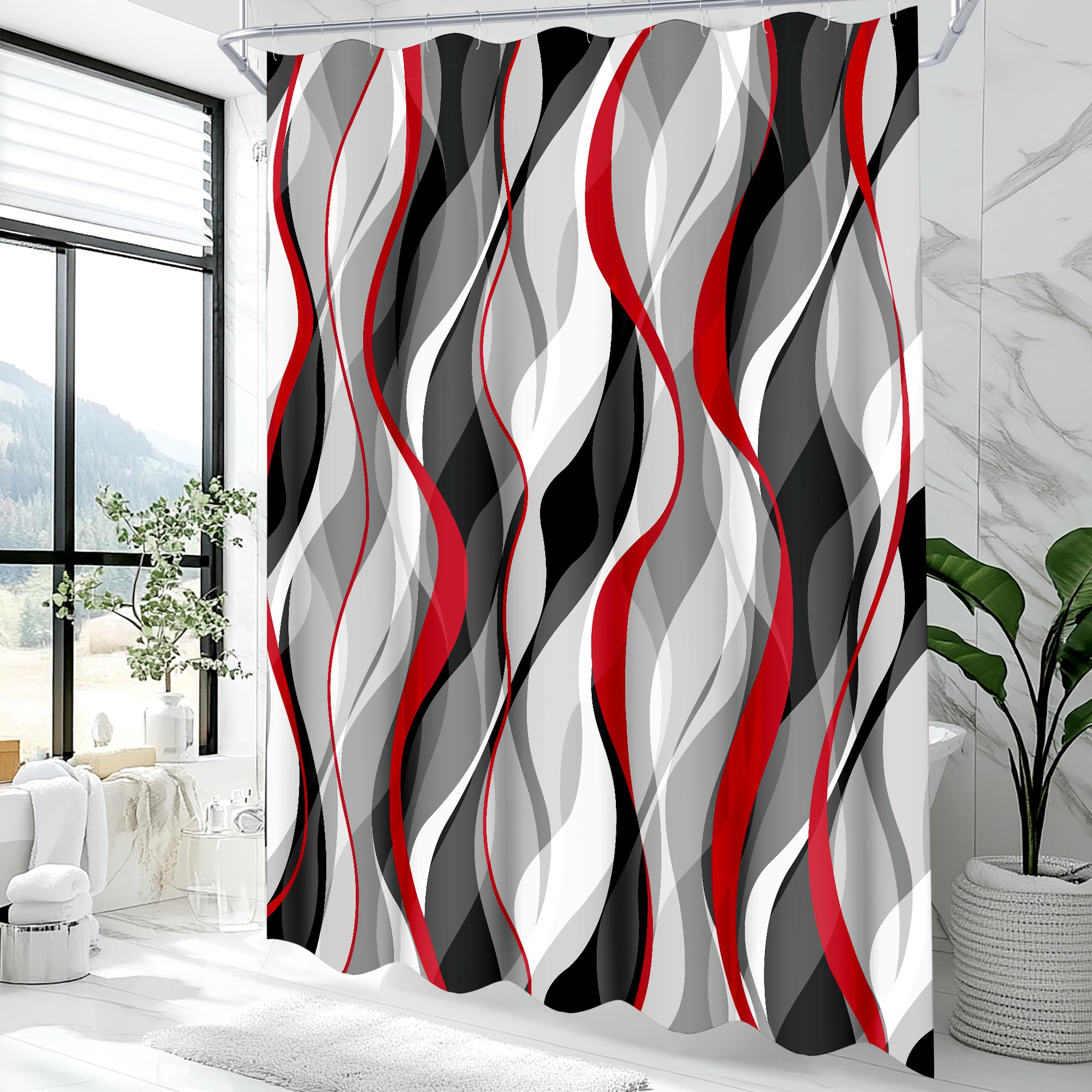 Rideau de douche rouge et gris weesire en tissu abstrait de 183x183 cm