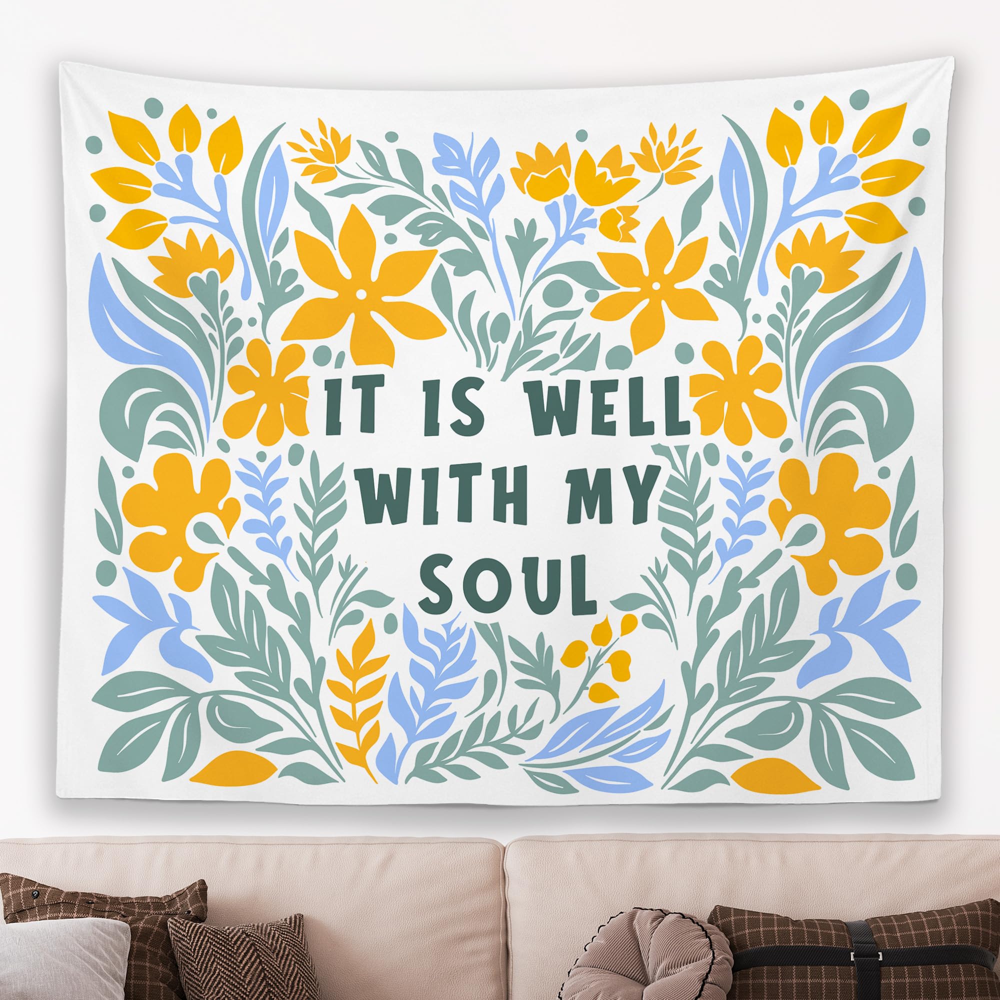 MNOSAIOO Floral It Is Well with My Soul Scripture Wall Tapestry Hanging for Bedroom, Botanical Christian Tapestry, Inspirational Boho Tapestries Wall