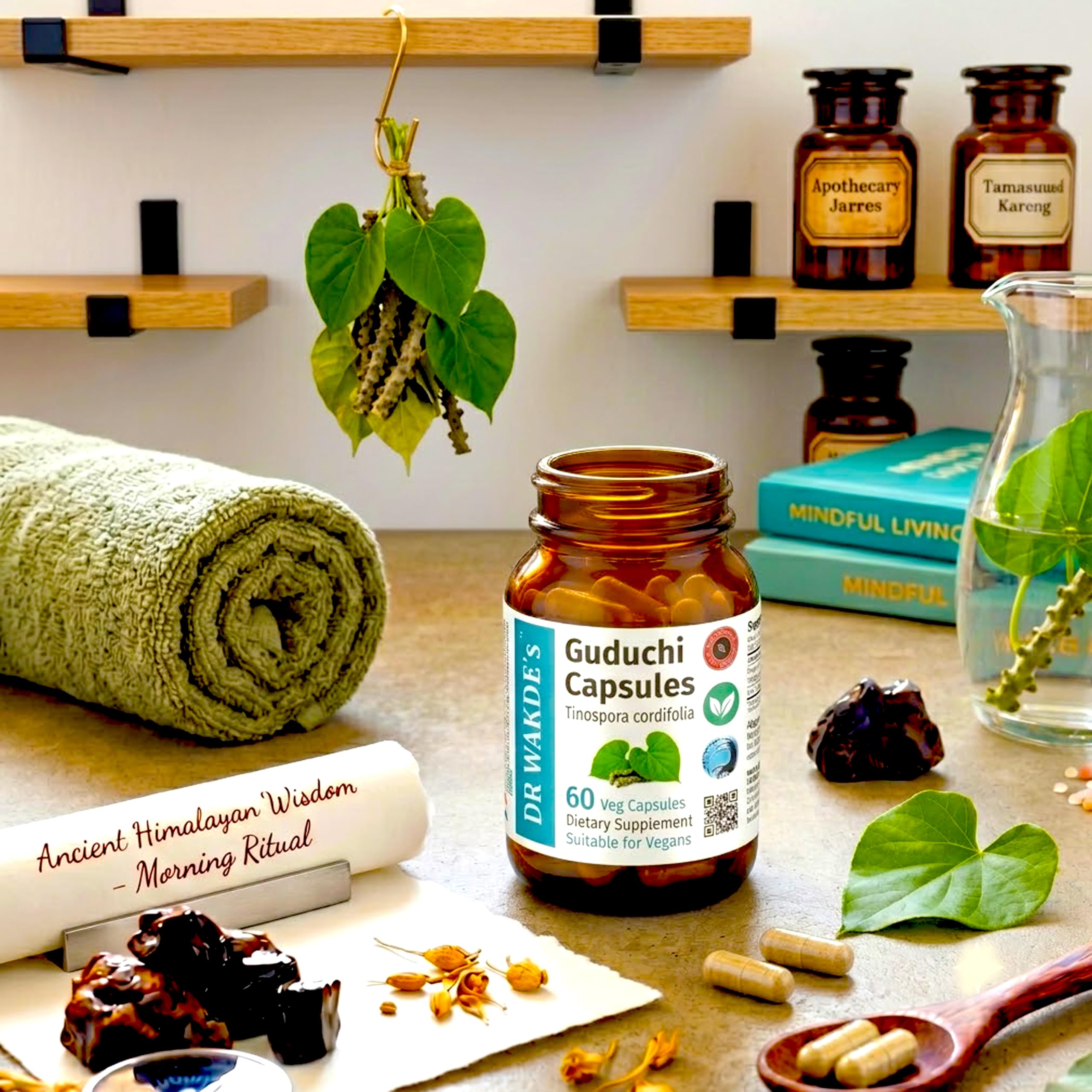 DR WAKDE'S Guduchi Kapseln – Giloy (Tinospora cordifolia) 500 mg | 60 Vegane Kapseln | Immunsystem & Wohlbefinden | 100% Reines Ayurvedisches Kräuterpulver | Ohne Zusatzstoffe | Vegan & Vegetarisch