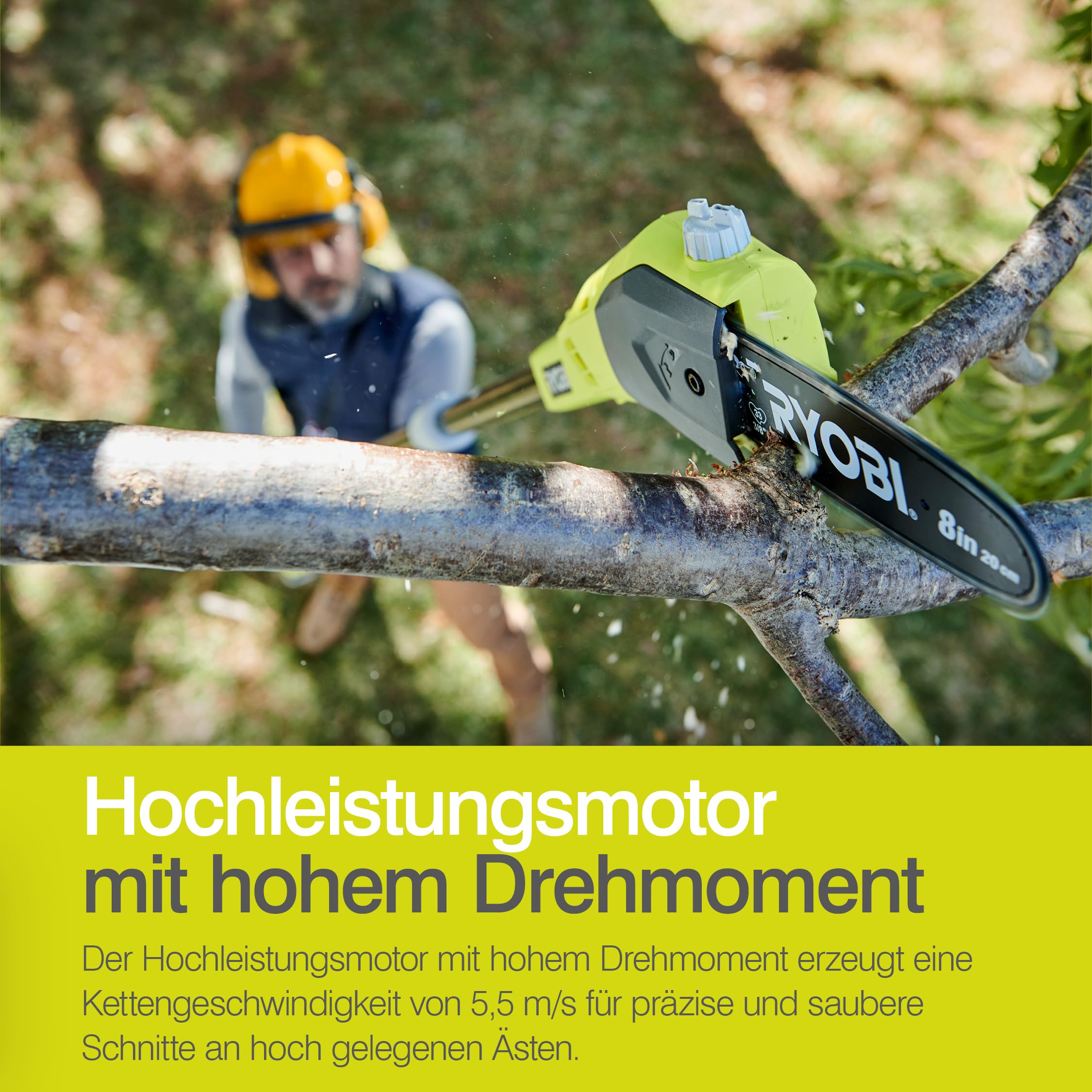 RYOBI 18V ONE+ Akku-Hochentaster OPP1820 | Teleskop-Astsäge mit 20 cm Schwert, 5,5 m/s Kettengeschwindigkeit, Reichweite bis 4 m, automatische Kettenschmierung, ohne Akku und Ladegerät