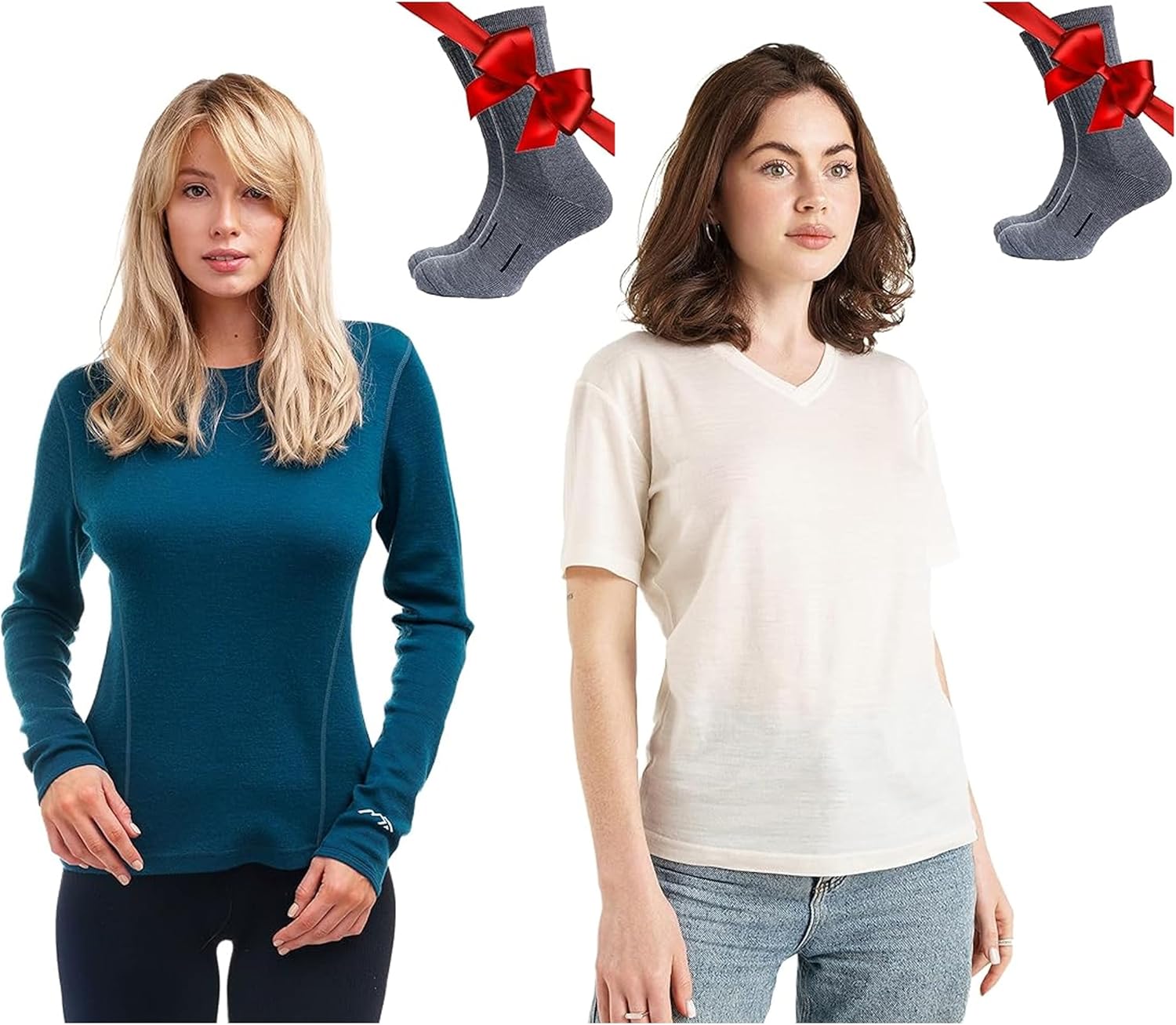 Merino.tech Merino Wool Base Layer Women 100% Merino Wool Long Sleeve Thermal Shirt 250 Deep Teal + Short Sleeve Tee Off White V-Neck + Wool Socks