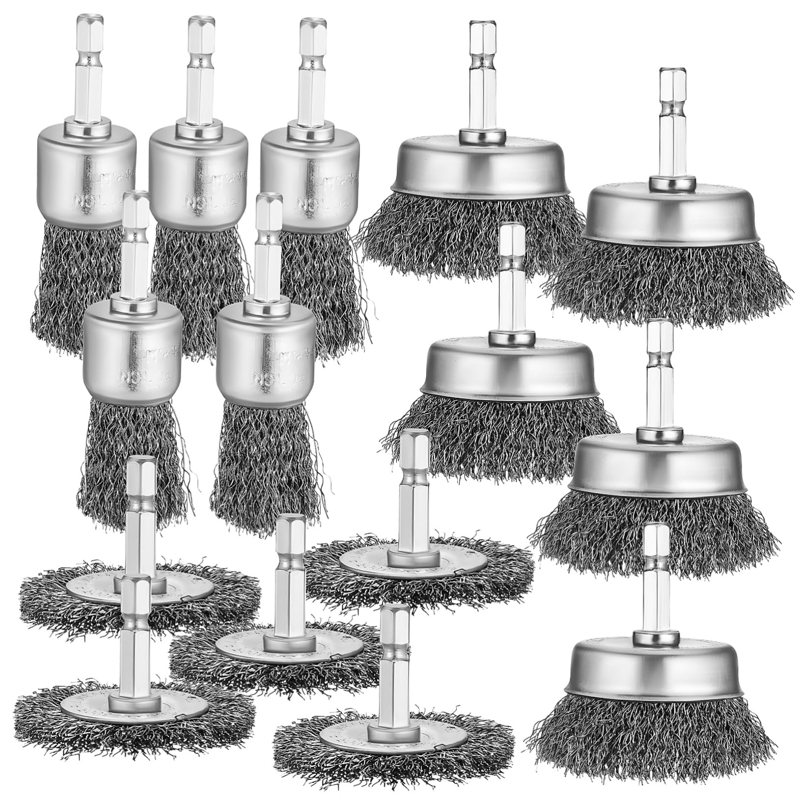 Lot de 15 Brosses Métalliques pour Perceuse, Brosse à Roue en Fer Zingué Tige, Nettoyage du Métal Bois