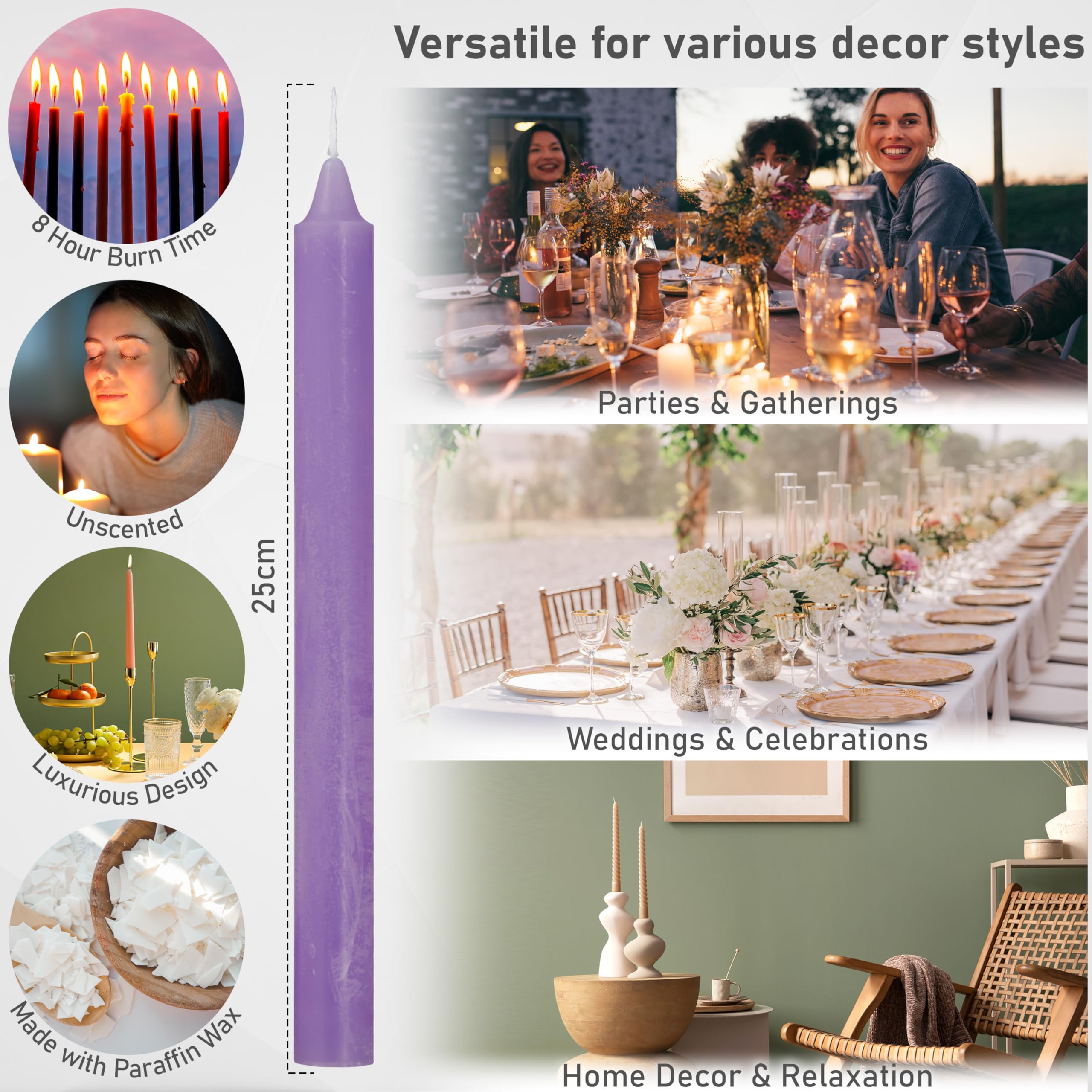 DECO EXPRESS Candele Coniche Set da 15 Candele Rustiche Fatte a Mano Candela Natalizia Durata di Combustione di 9 Ore Senza Profumo (Viola - Confezione da 15)