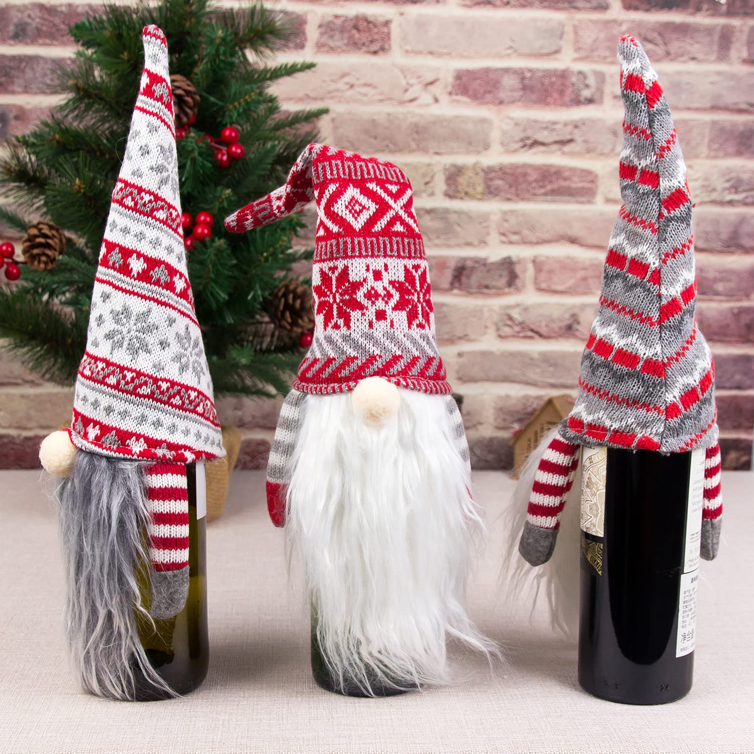 Cubierta para botella de vino de gnomos de Navidad, 4 piezas, cubierta de botella de vino de Navidad, cubierta de botella de vino de felpa de Papá Noel, bolsas decorativas para bodas, 3