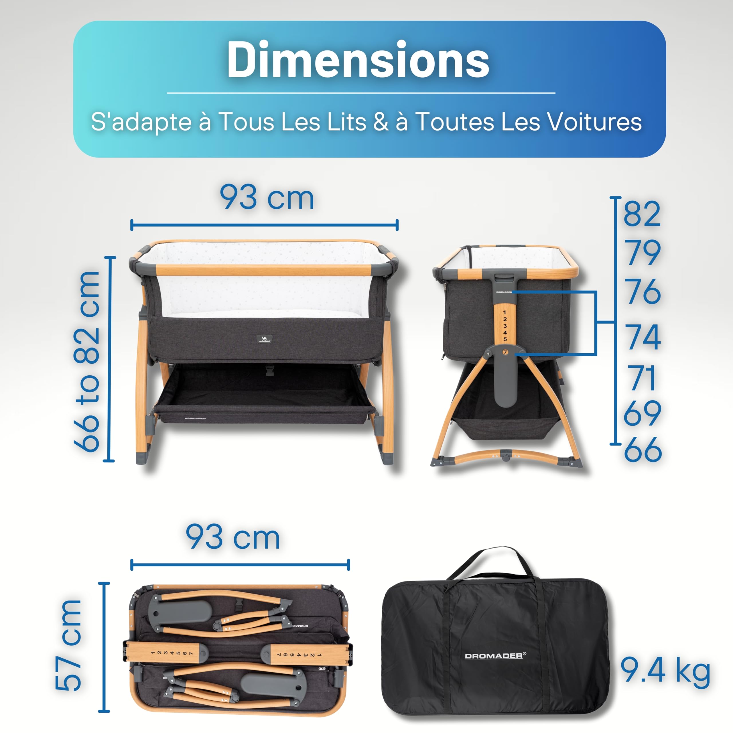 DROMADER Berceau Cododo Évolutif | Lit Bébé à roulettes, 7 Niveaux | Lit cododo, côté rabattable · Réglable sur 7 niveaux · Matelas fourni · Cadre bois à roulettes · Pliable