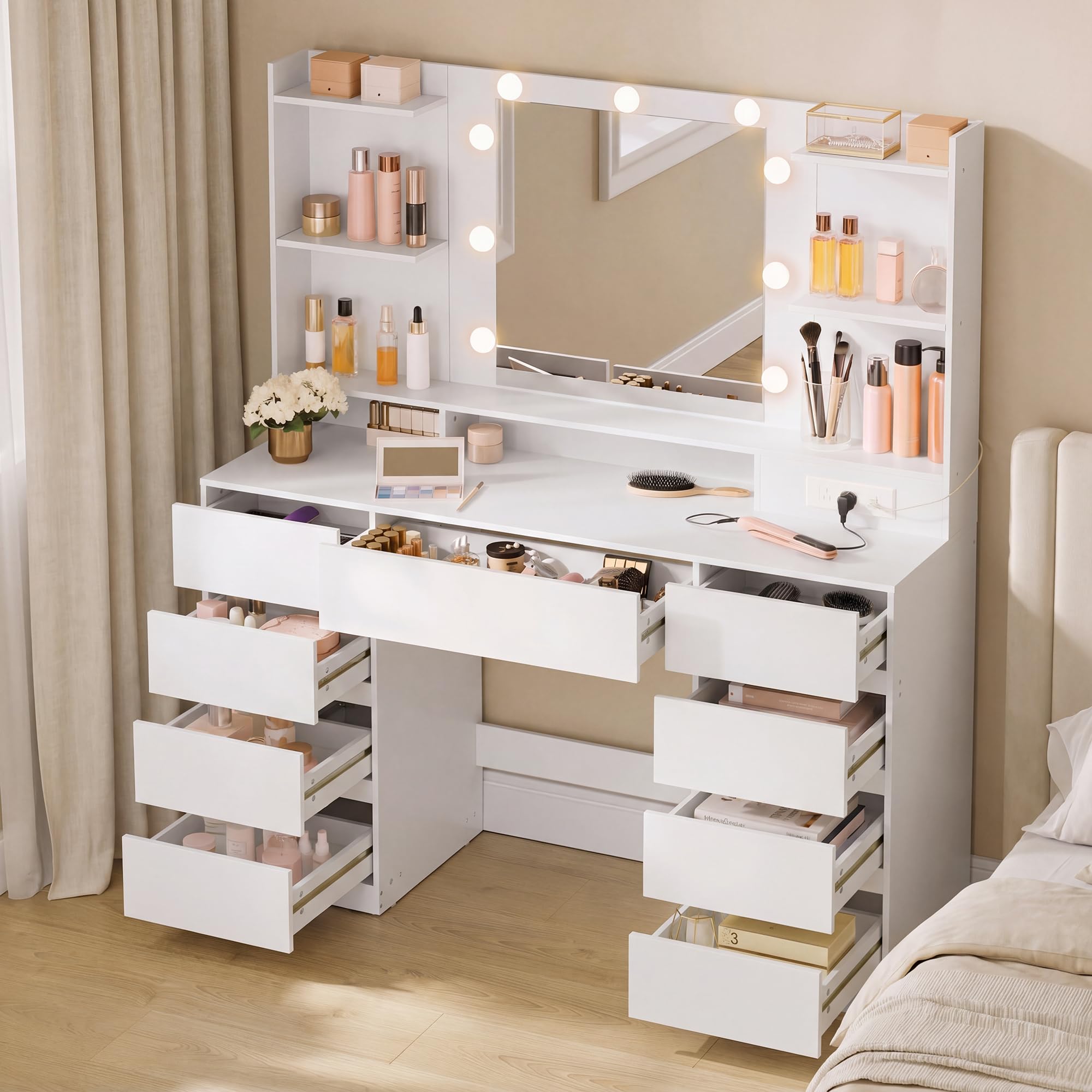 Vanity Desk with LED Lights and Power Outlets