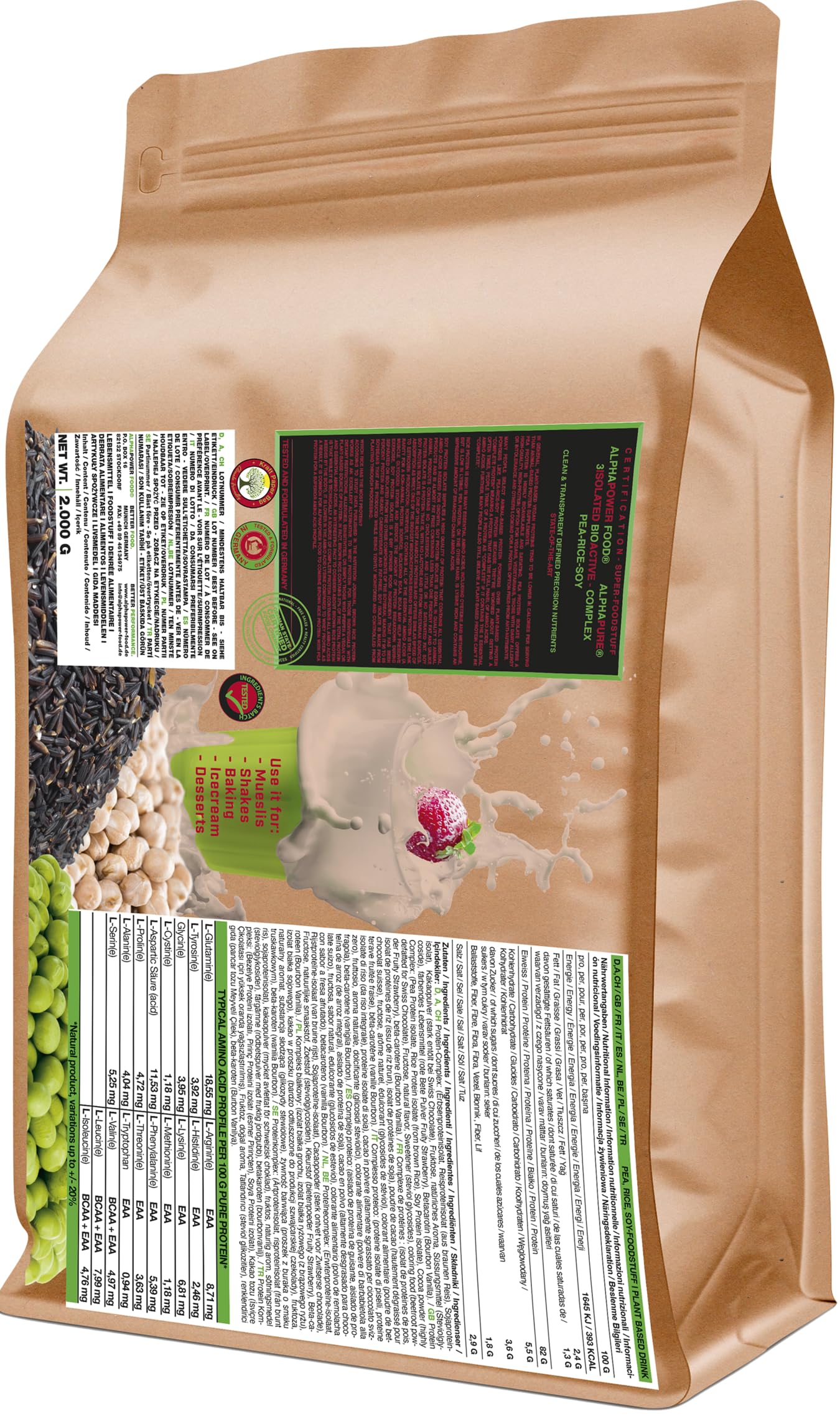 Protéines en poudre végétaliennes sans lactose, shake protéiné en poudre | sans édulcorants artificiels, ni sucre | riz brun, pois, isolat de soja | 2 kg de pastèque naturelle