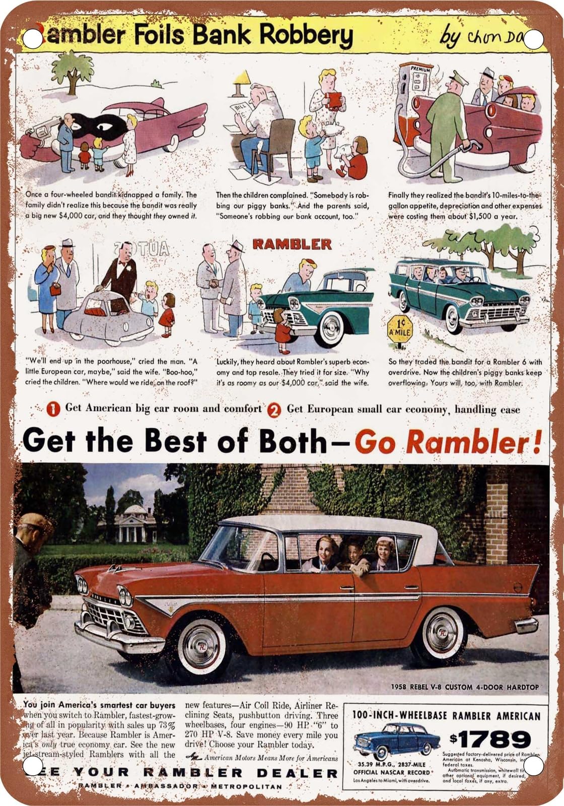METAL SIGN - 1958 Rambler Vintage Ad 01 - Old Retro Rusty Look home decor