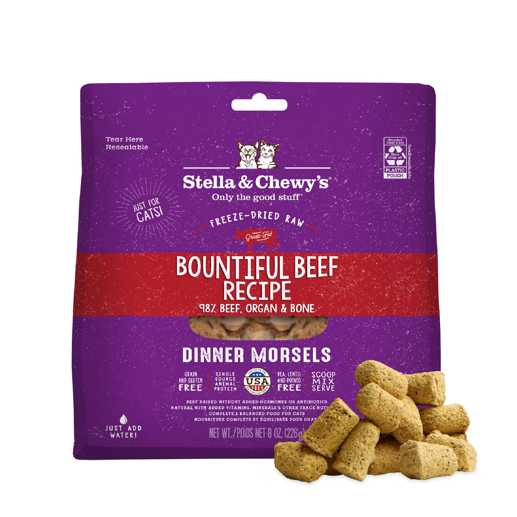 Stella & Chewy'sFreeze-Dried Raw Cat Dinner Morsels - Premium Beef Recipe with 98% Grass-Fed Meat & Organs - Natural Grain-Free Cat & Kitten Food - Made in USA - 8 oz