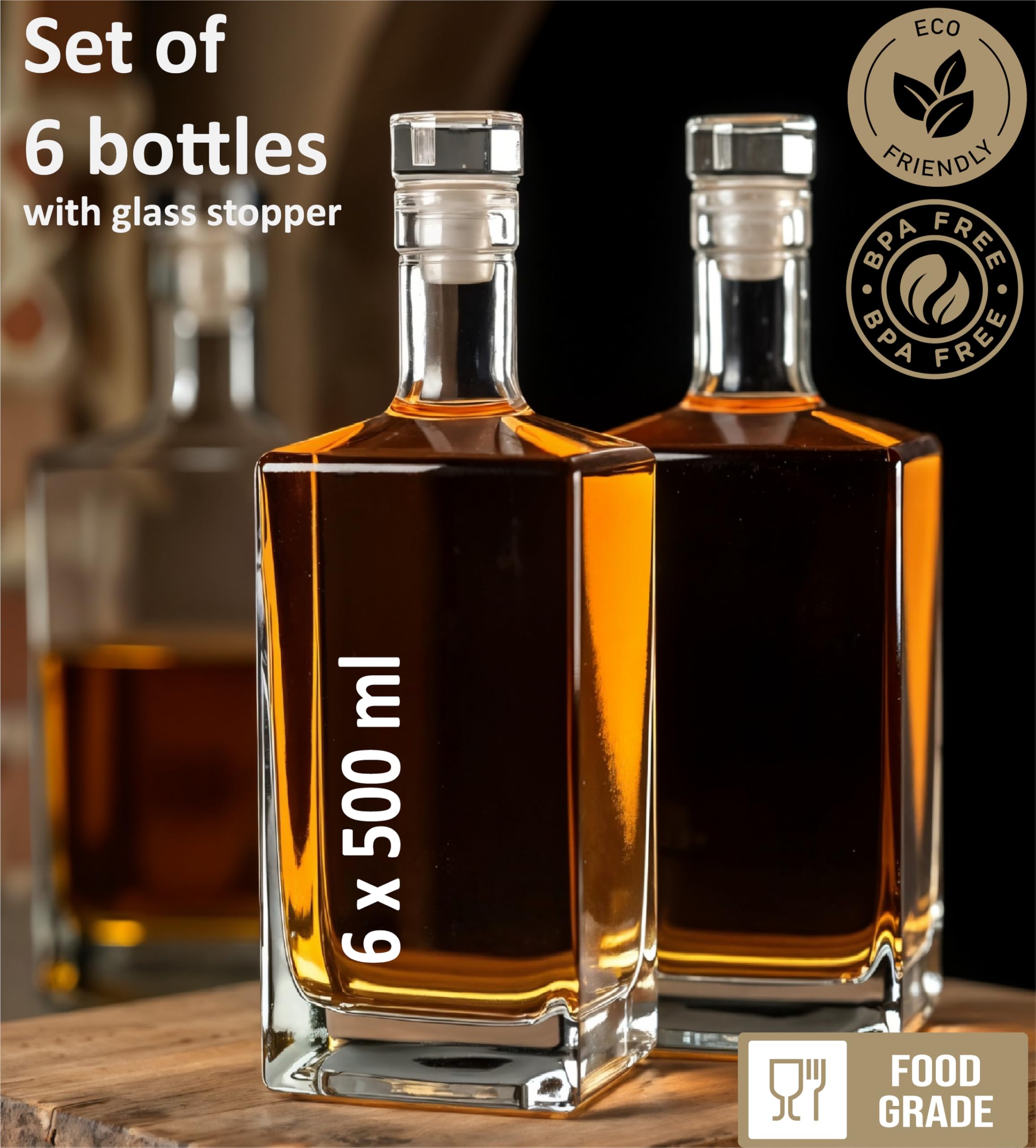 Lot De 6 Bouteilles En Verre 500 Ml Avec Bouchons Liège - Pour Huile, Vinaigre, Liqueur Maison, Ou Décoration - Lavables Au Lave-vaisselle