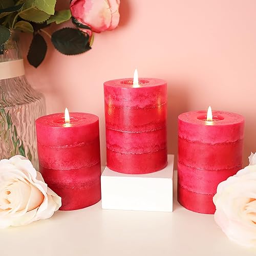 Paquete de 3 velas de pilar rojo de 3 x 4 pulgadas, fragancia perfumada de rosa, velas votivas frescas de larga duración para regalo de boda, juego