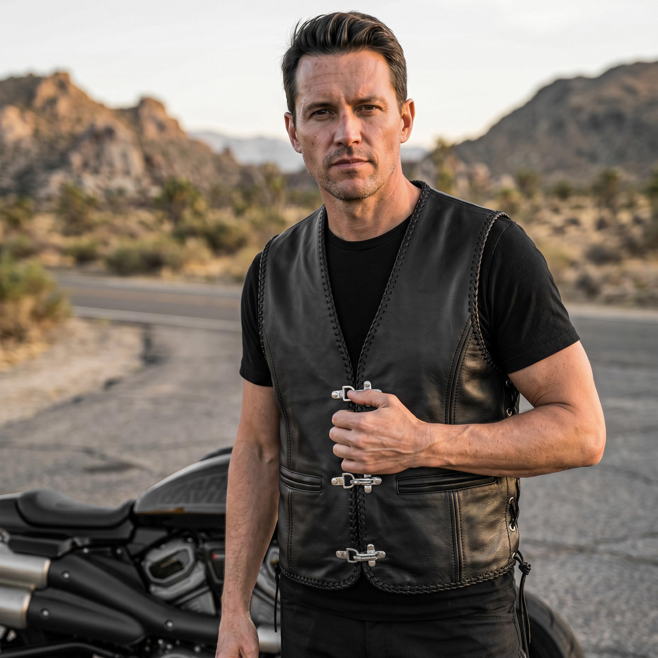 Leatherick Gilet de moto noir en cuir véritable | Gilet de motard tressé avec boucle d'hameçon