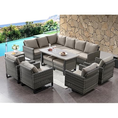 HUMMUH Patio Furniture 10 Piece PE Wicker 6-Seater Outdoor Sectional Sofa Patio Swivel Chairs Outdoor Chairs with Tables for Porch,Garden,Backyard,Deck