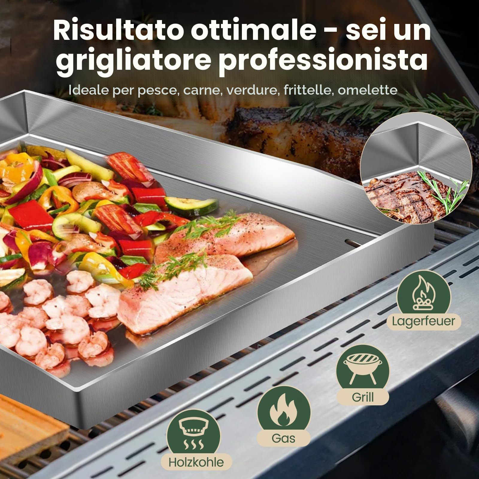 Set Plancha Premium con spatola per barbecue, 30 x 40 cm, in acciaio inox, universale, per barbecue a gas e barbecue a carbone, in acciaio inox, 4 mm