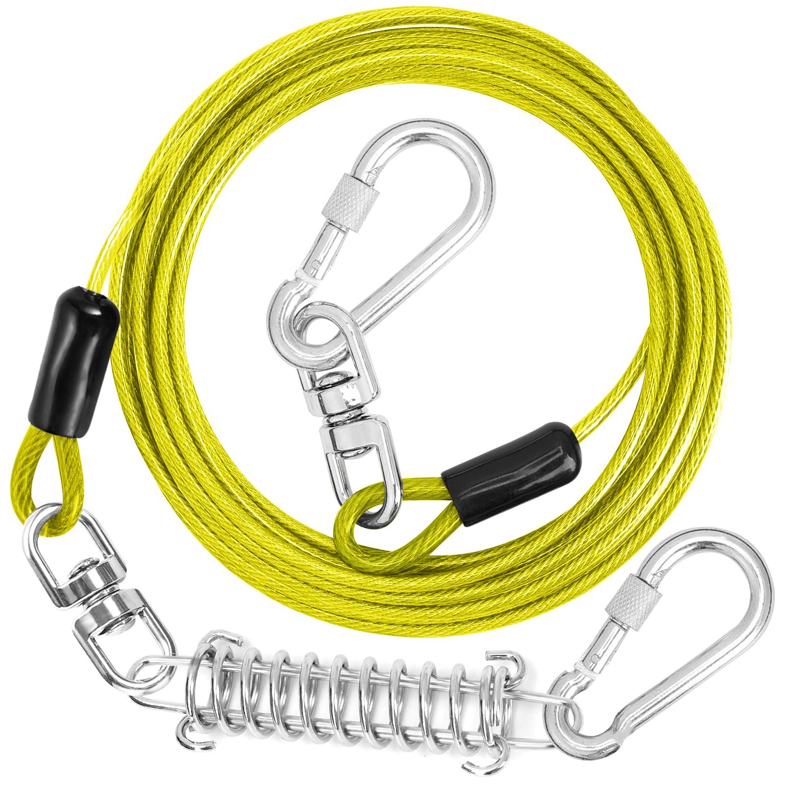 jenico Dog Tie Out Cable, 10/15/20/30/40/50/70/100/150FT Runner Cable with Swivel Hook and Shock Spring, Dog Leash Run Tether for Yard Outdoor and