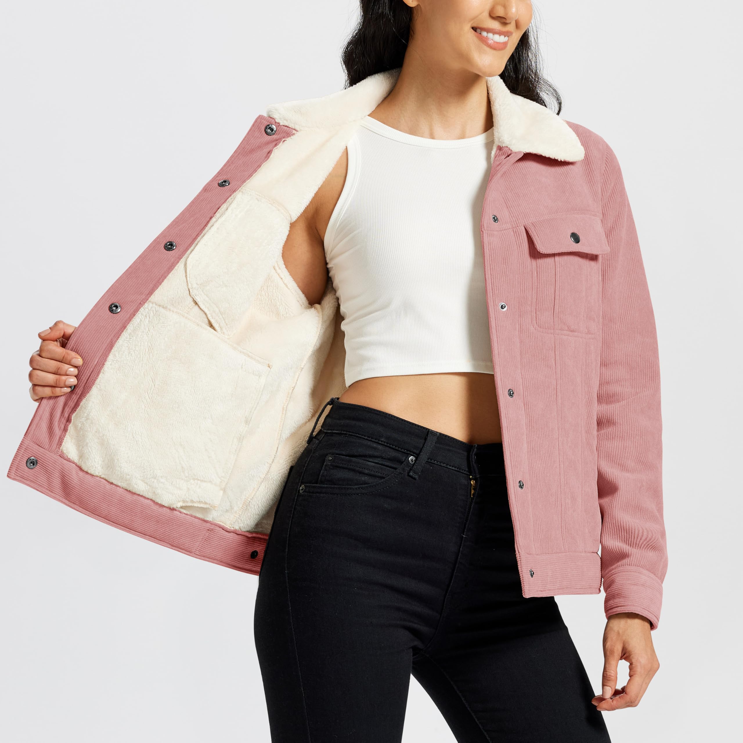 MoFiz Chaquetas de Forro Polar Mujer Invierno Chaqueta de Pana con Botones Cálido Abrigo de Informal de Moda y 4 Bolsillos