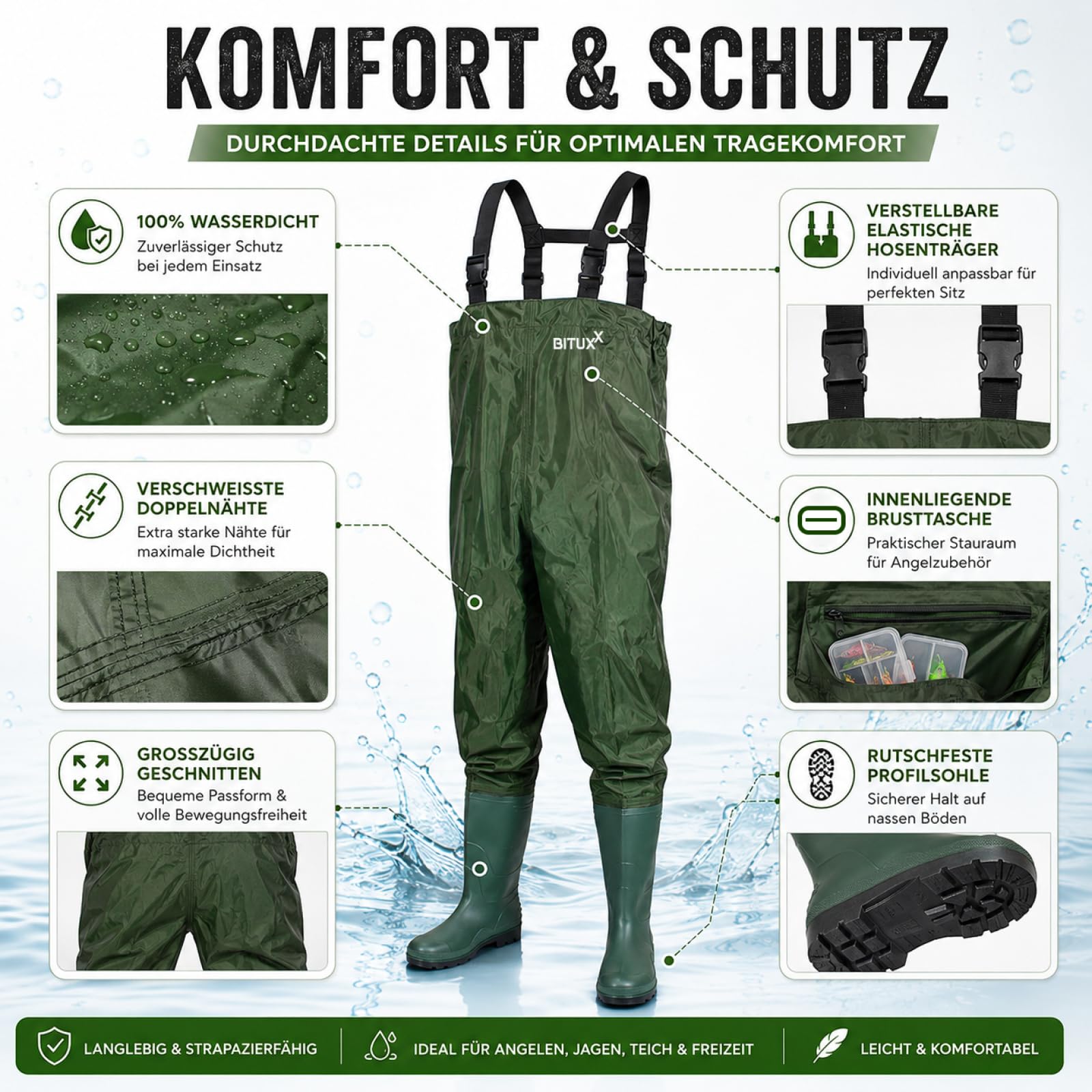 Wathose Anglerhose Watstiefel Watt Fisch Teich Gummi PVC Nylon Gr. 47