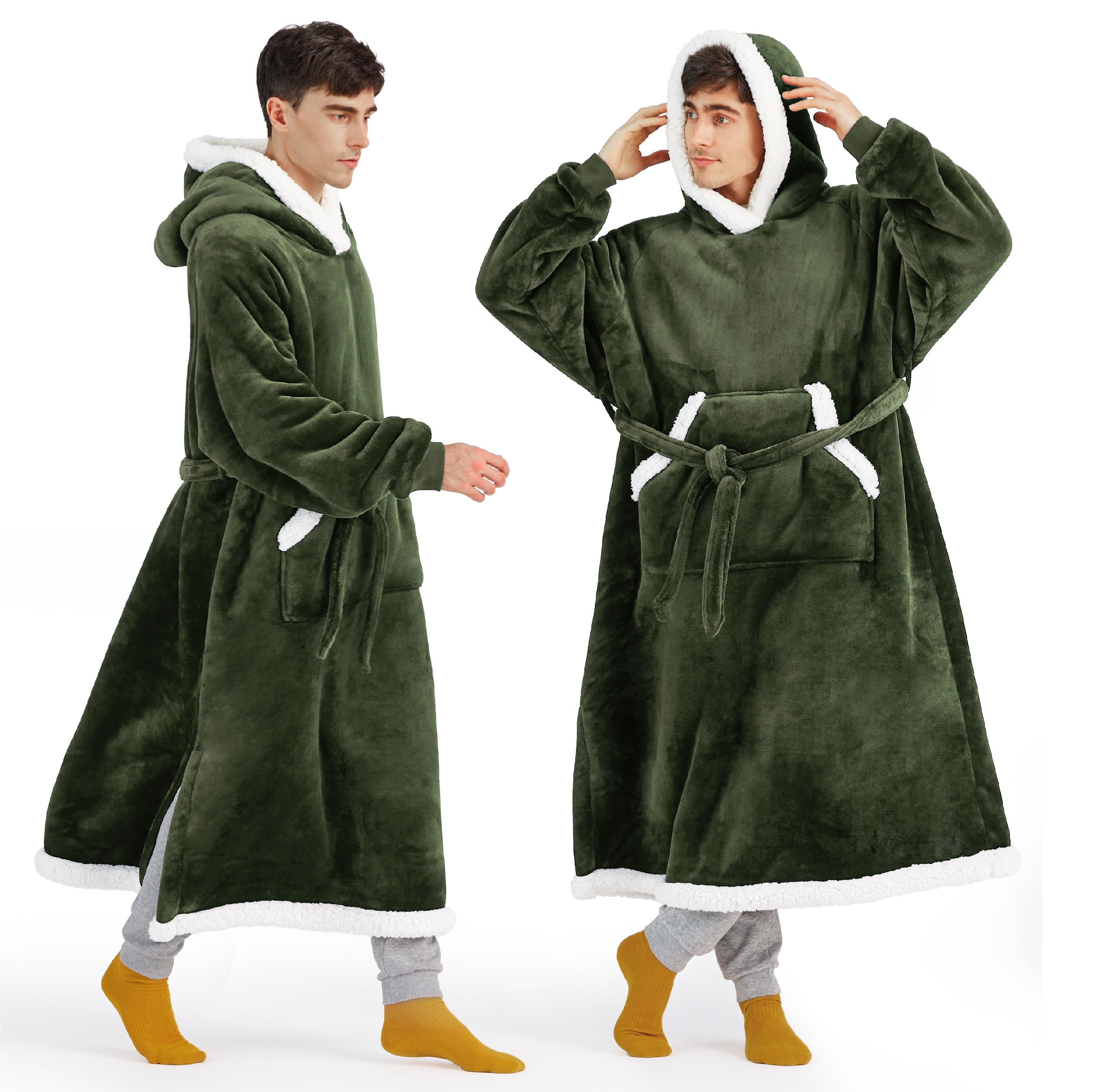 Bedsure Wearable Blanket Hoodie, Long Hooded Blanket Sweatshirt as Christmas Birthday Gifts for Men, Cozy Sherpa Hoodie for Adult, Oversize, Olive Green