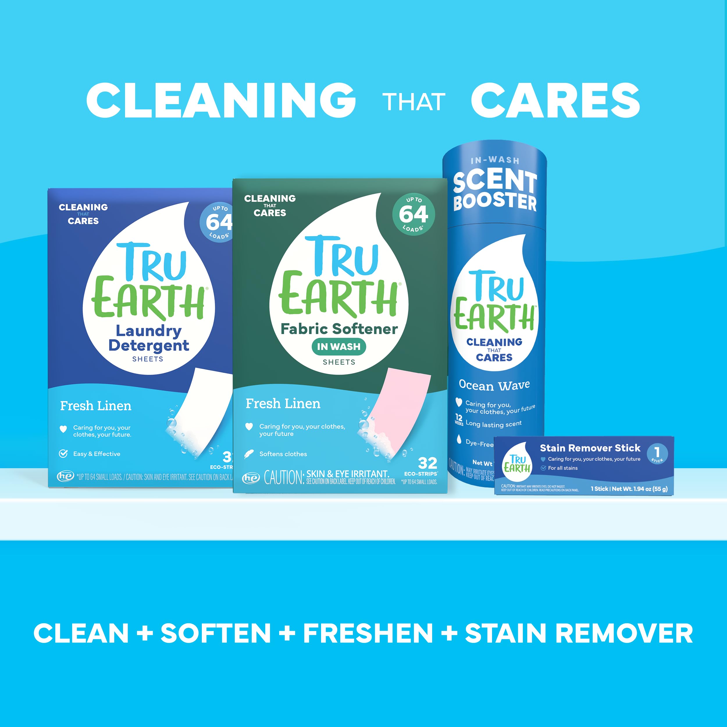 Tru Earth Tiras suavizantes de tela para lavadora, alternativa al líquido suavizante de telas y cápsulas, potenciador de aroma de lino fresco, hasta 128 cargas por 64 unidades
