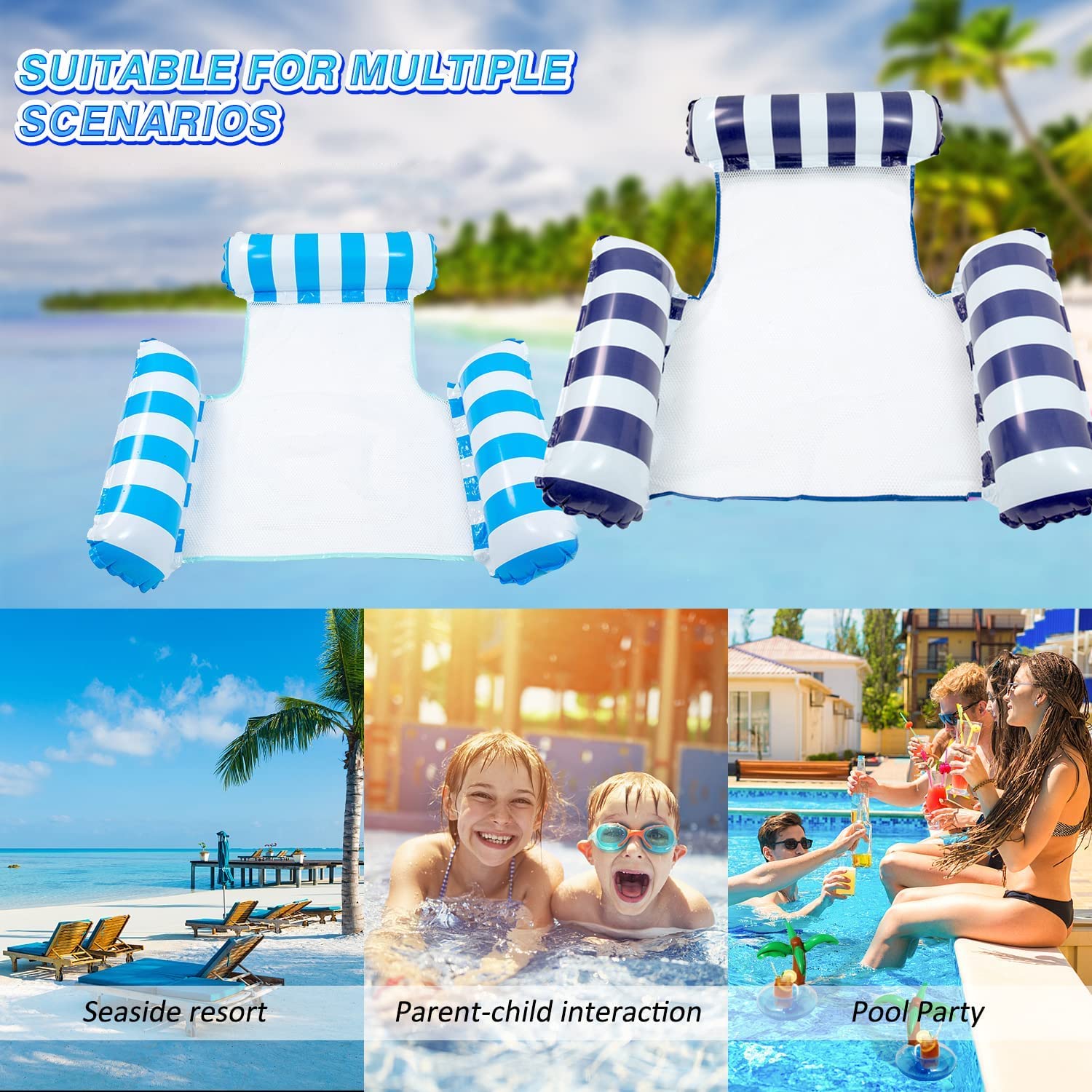 Lot de 2 chaises gonflables épaisses pour Piscine, radeaux gonflables pour Adultes et Enfants, Grande Taille Gonflable Flottante avec Maille inférieure, lit de Piscine à Eau