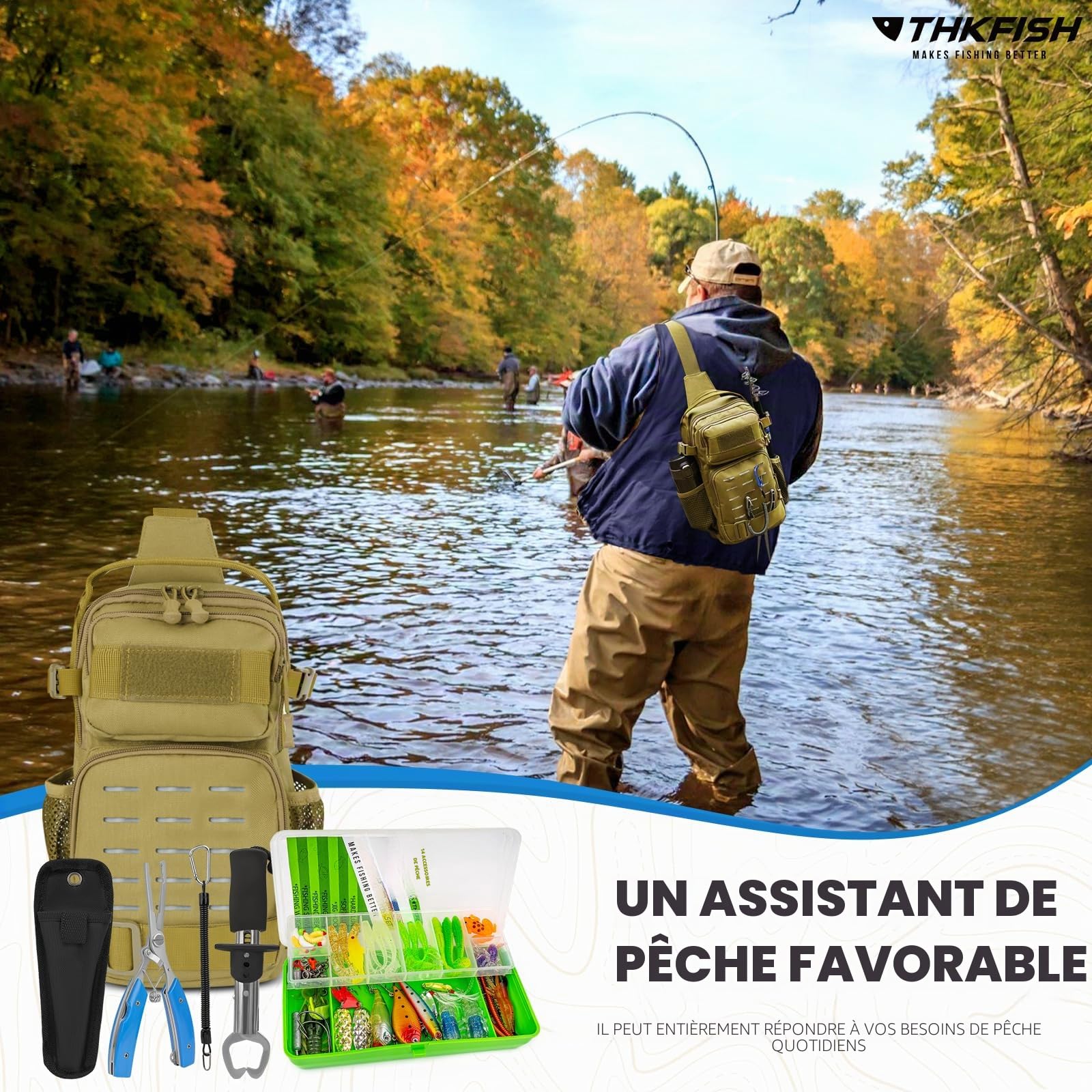 THKFISH Ensemble de 79 sacs de pêche étanches avec boîtes, sac de pêche pour la pêche, y compris pinces de pêche, appâts, extracteur de hameçons et poignée à lèvres