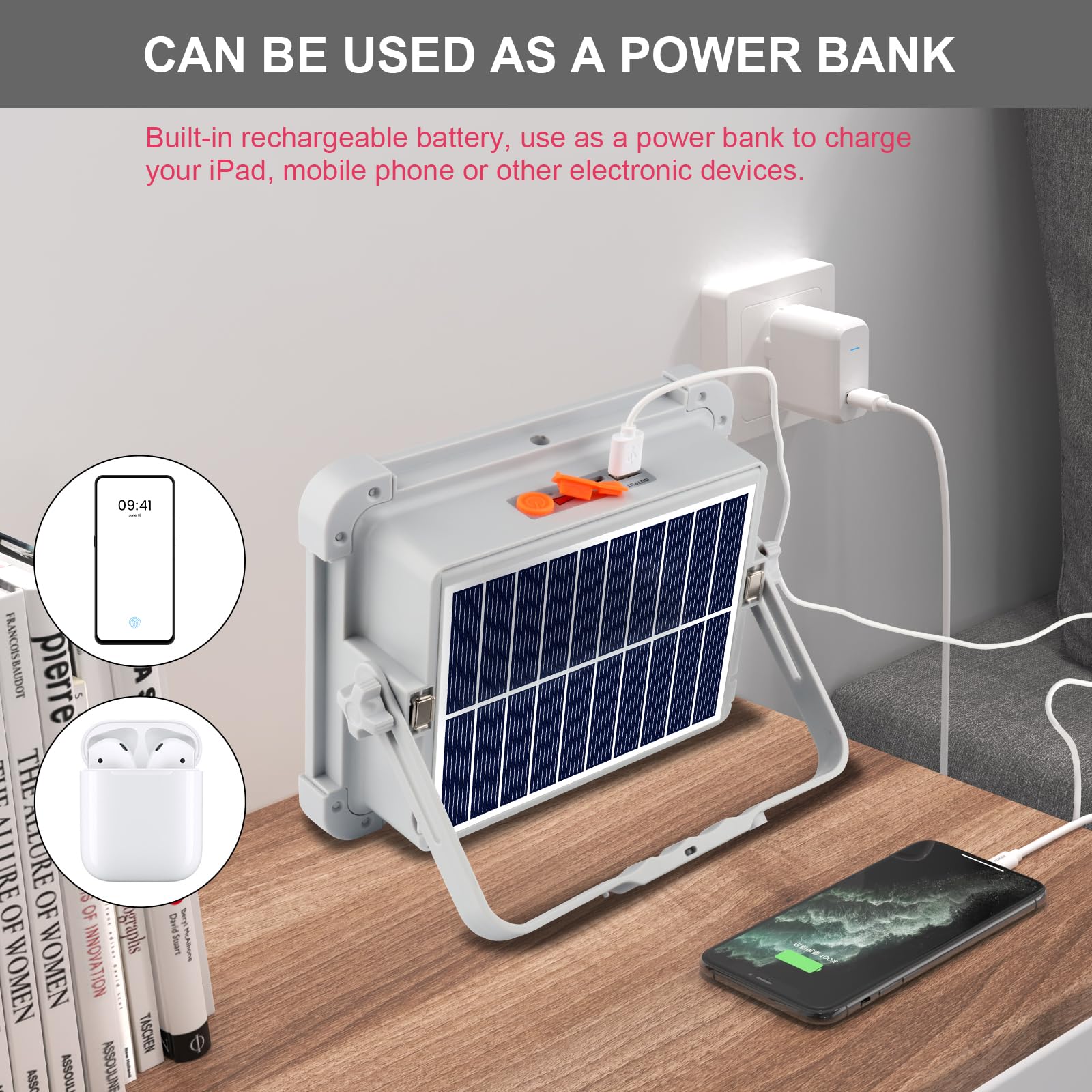 Faro LED Ricaricabile 150W, Faretto LED Esterno con Pannello Solare Portatile,5 Modalità Batteria Lampada Emergenza Proiettore LED,Luce da Lavoro,Campeggio,Cantiere,Pesca,Riparazione