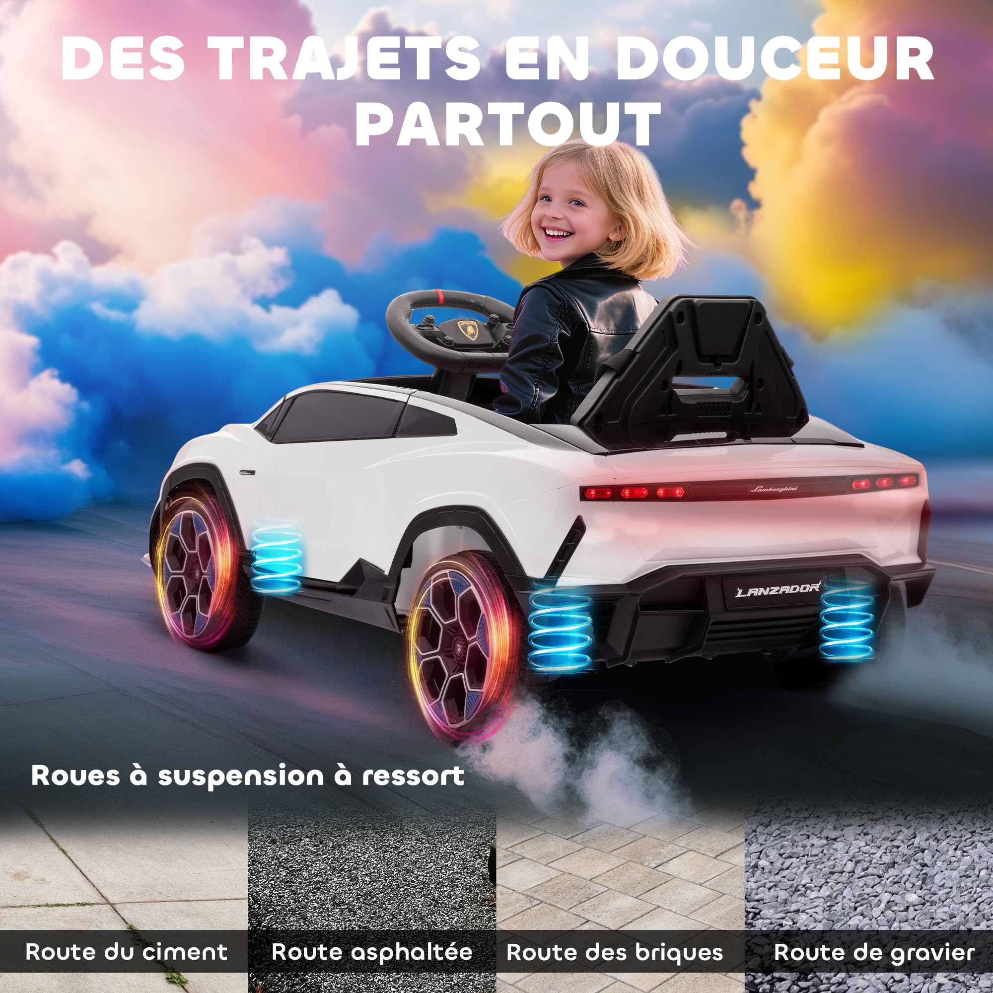 AIYAPLAY Voiture Électrique Enfant Lamborghini 12V Vitesse 4 km/h Blanc | Télécommande 2,4G, 2 Moteurs, Véhicule Électrique avec Phares LED, MP3, Klaxon