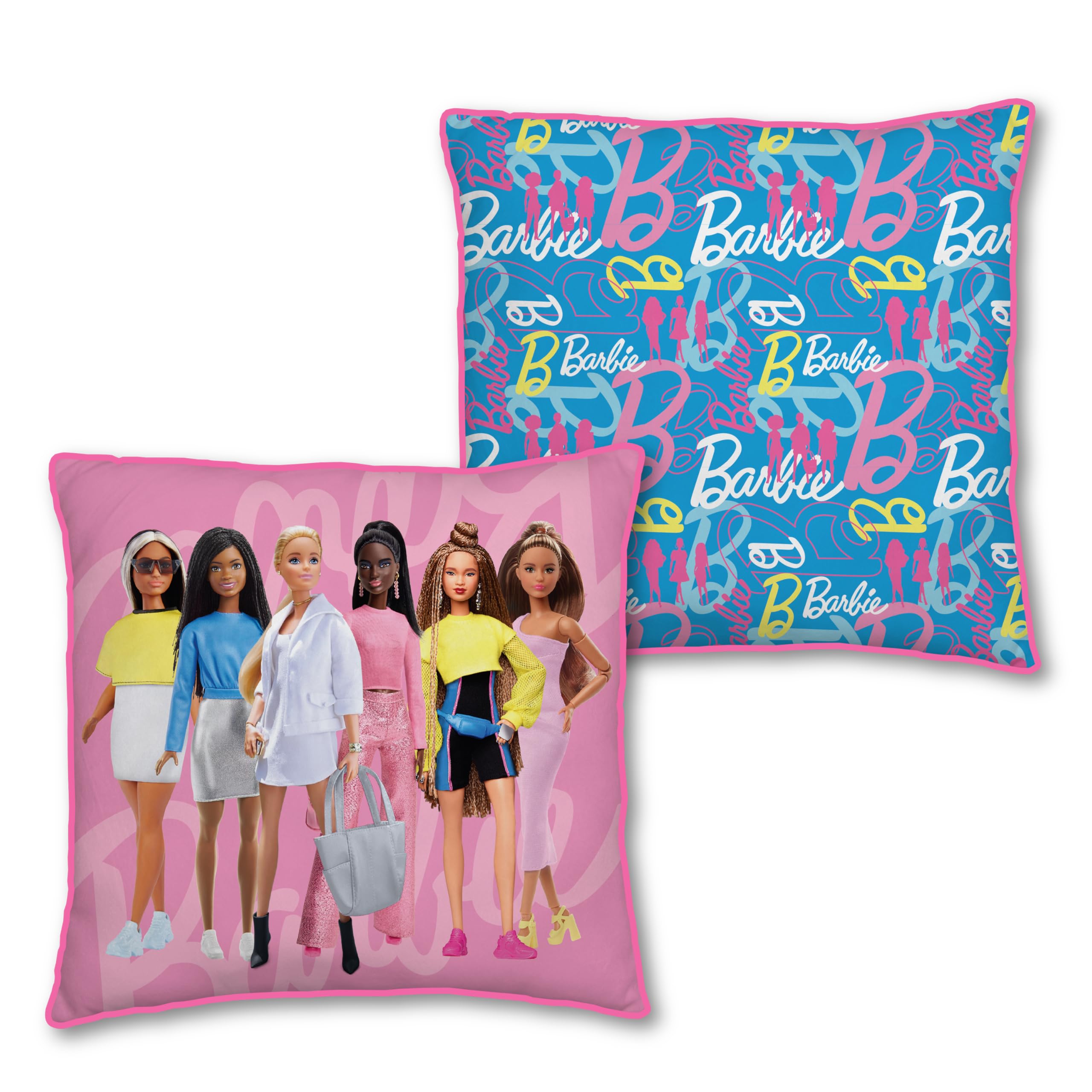 Character World Multicolour Barbie Officially Licensed Square Cushion | Dolls Unboxed Design Featuring Stuffed Super Soft Pillow Reversible 2 Sided | Perfect For Any Children's Bedroom