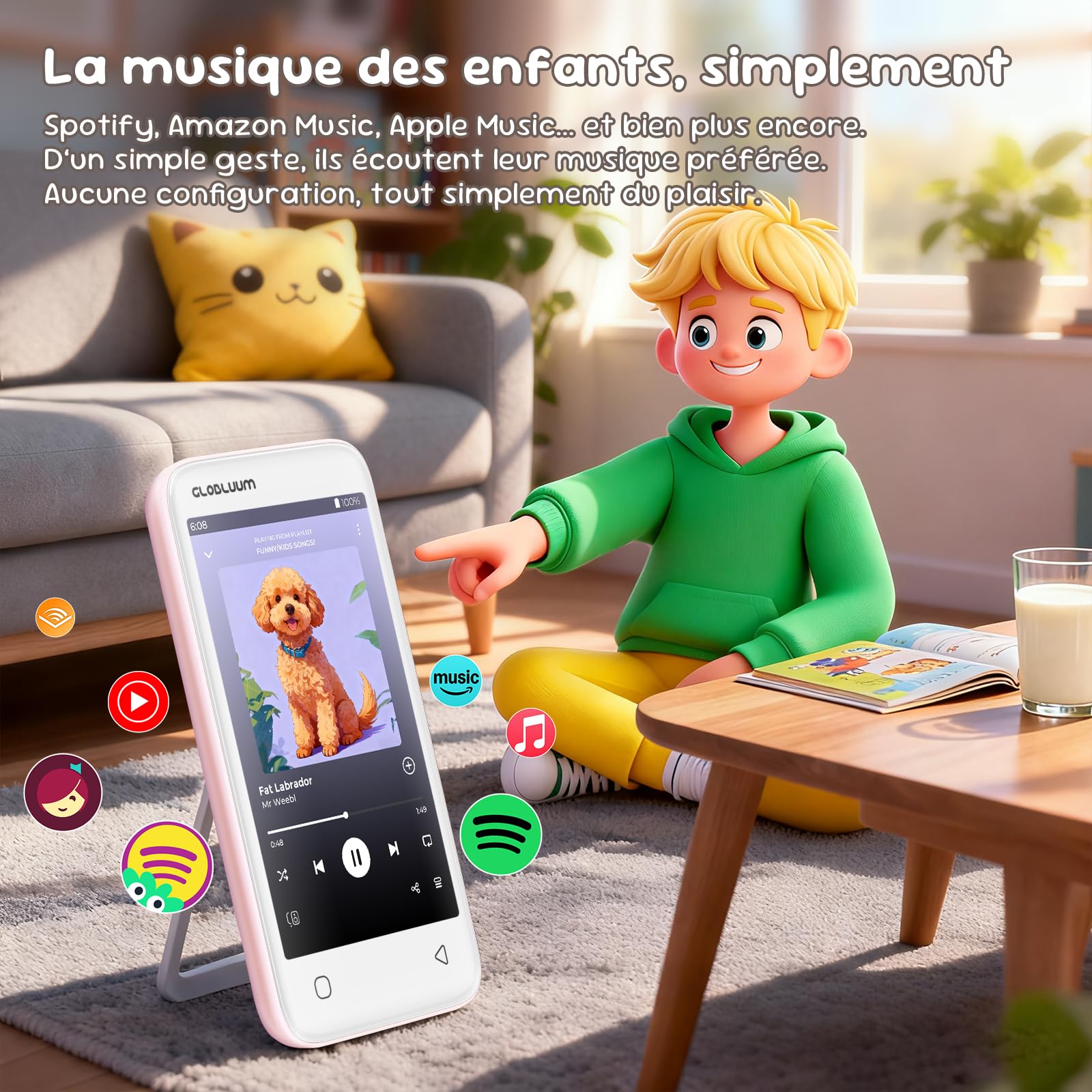 Lecteur MP3 pour Enfants avec contrôle Parental, accès à Spotify et Audible, 16 Go, Bluetooth et Wi-FI (Rose Cerisier)