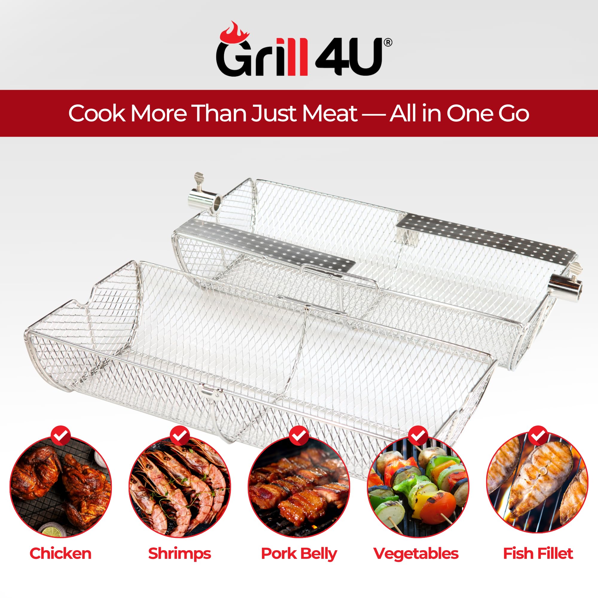 GrillX Cesta de carbón para barbacoa – 17 pulgadas de bloqueo único y cesta antiadherente – Cesta de asador de construcción de acero inoxidable – Accesorio perfecto para parrilla de barbacoa para todo