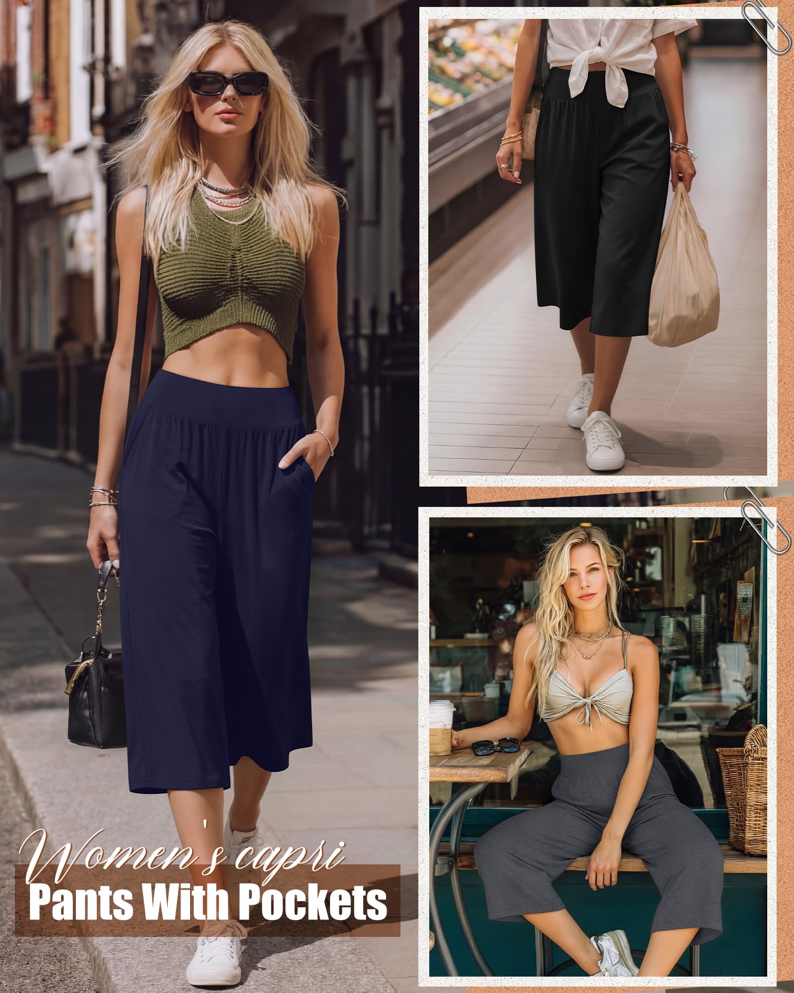 Neer Lot de 3 Pantalons Capri pour Femme - Jambes Larges - Taille Haute - Pantalon Court de Loisirs avec Poche
