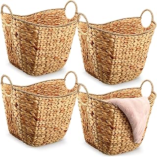 4 Pcs Seagrass Handmade Large Woven Storage Basket with Handles Natural Water Hyacinth Laundry Baskets Seagrass Laundry Hamper Wicker Blanket for Living Room Bathroom Dirty Clothes Toys Nursery