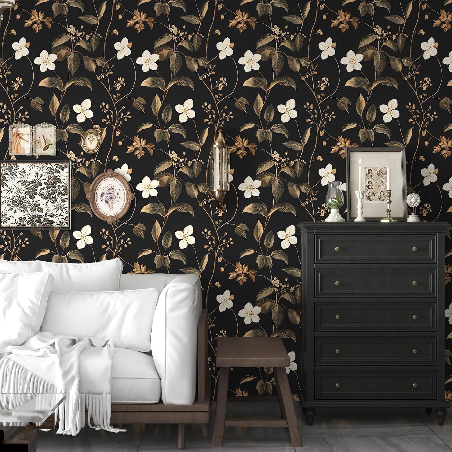 Dark Floral Wallpaper Peel and Stick Vintage Floral Wallpaper Vinyl Wallpaper Gold Leaf Contact Paper for Cabinet Waterproof Self Adhesive Wall Paper for Kitchen Countertop Wall 17.5" x 393"