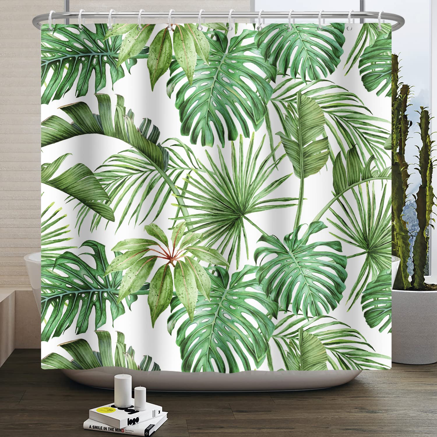 SDOTPMT 41x63 Inch Watercolor Green Palm Leaves Shower Curtain Summer Tropical Botanical Plants Bath Curtain Jungle Banana Monster Leaf Shower Curtain Fabric Polyester for Bathroom with Hooks