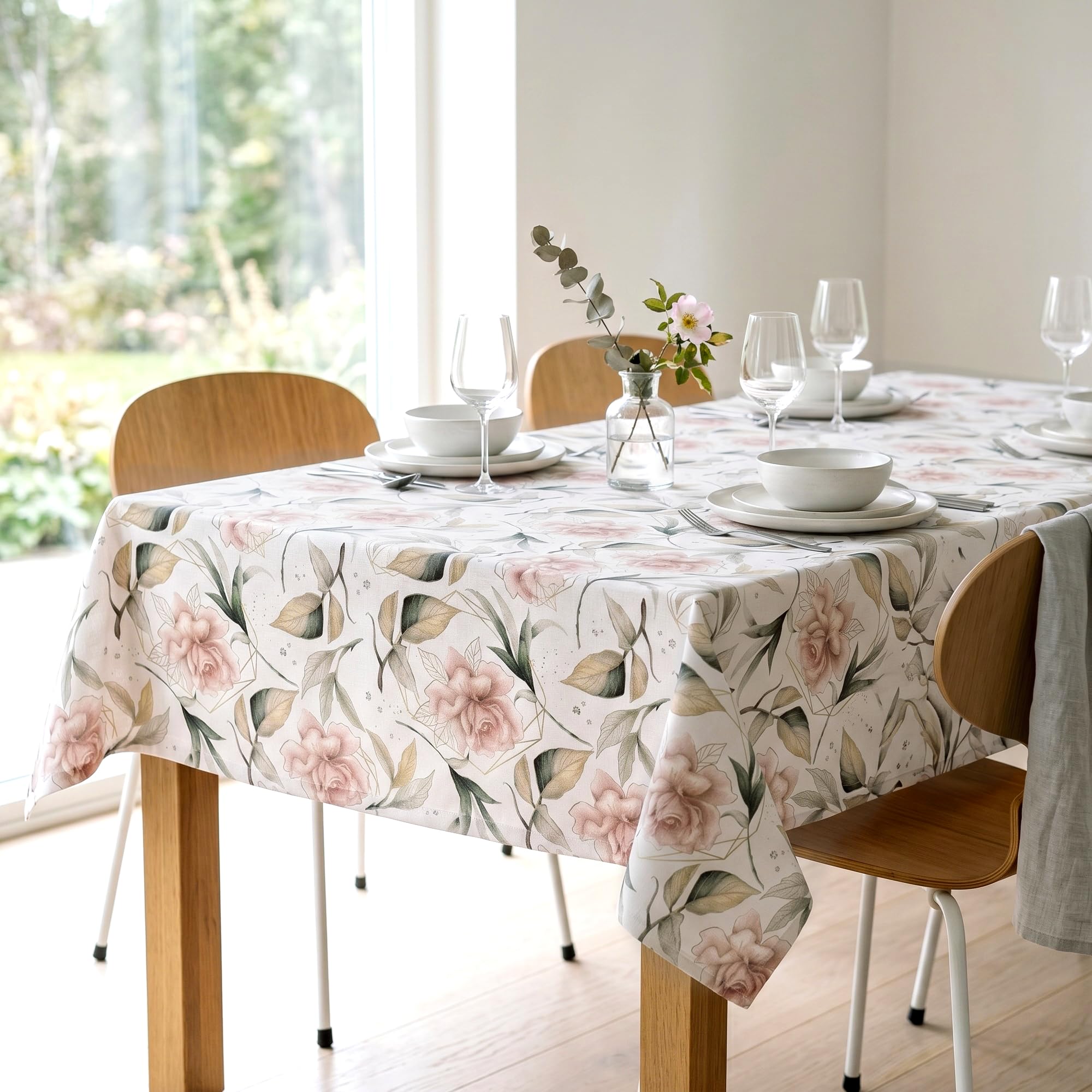 Tischdecke abwaschbar Blumen Rosen 140x220 cm Polyester 230g/m² eckig hell modern mit Fleckschutz Lotus-Effekt eleganter 3cm Briefeckensaum Saum viele Größen