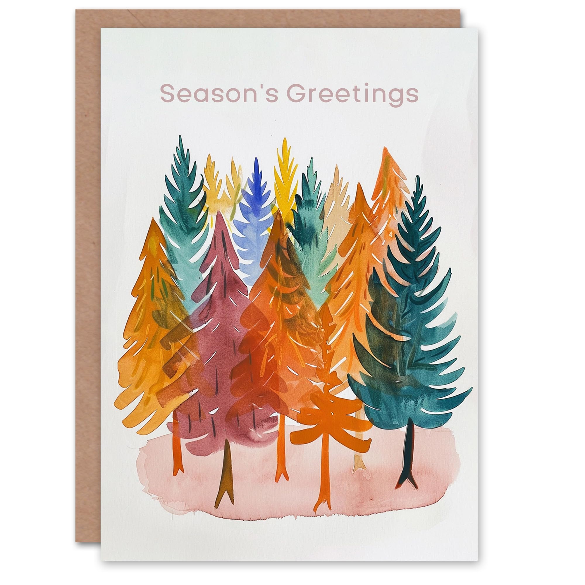 Artery8 Colourful Pine Trees Bright Watercolour Painting Blank For Him Or Her Art Christmas Card