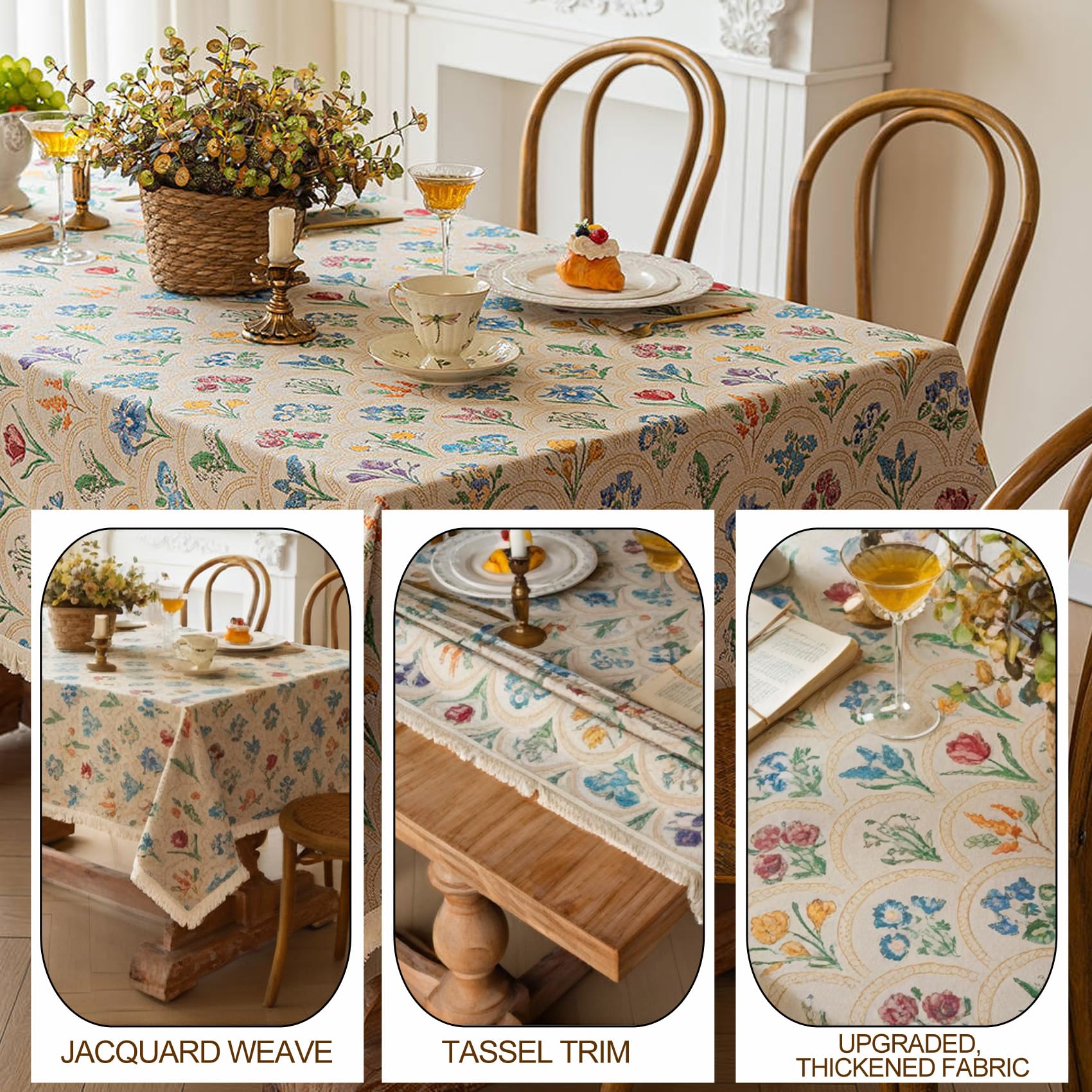 Boho Vintage geometryczny obrus z frędzlami, wodoszczelny, odporny na plamy