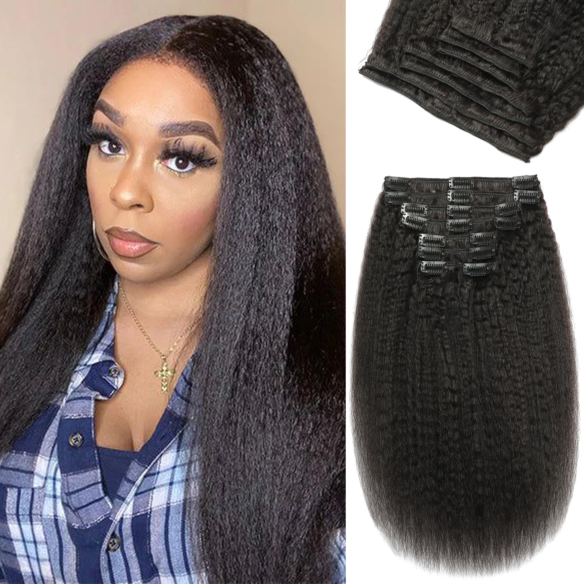 Kinky Straight 14 Inch Clip in Hair Extensions Real Human Hair Yaki Straight Clip ins for Women Full Head Brazilian Remy Hair Extensions Double Weft 14 Inch