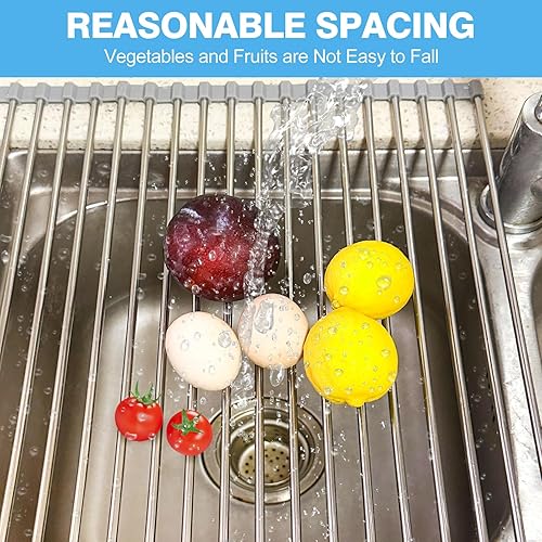 Miniatura 7 de Escurridor de platos sobre el fregadero, escurridor de platos enrollable, encimera de fregadero de cocina, estante plegable multiusos de acero