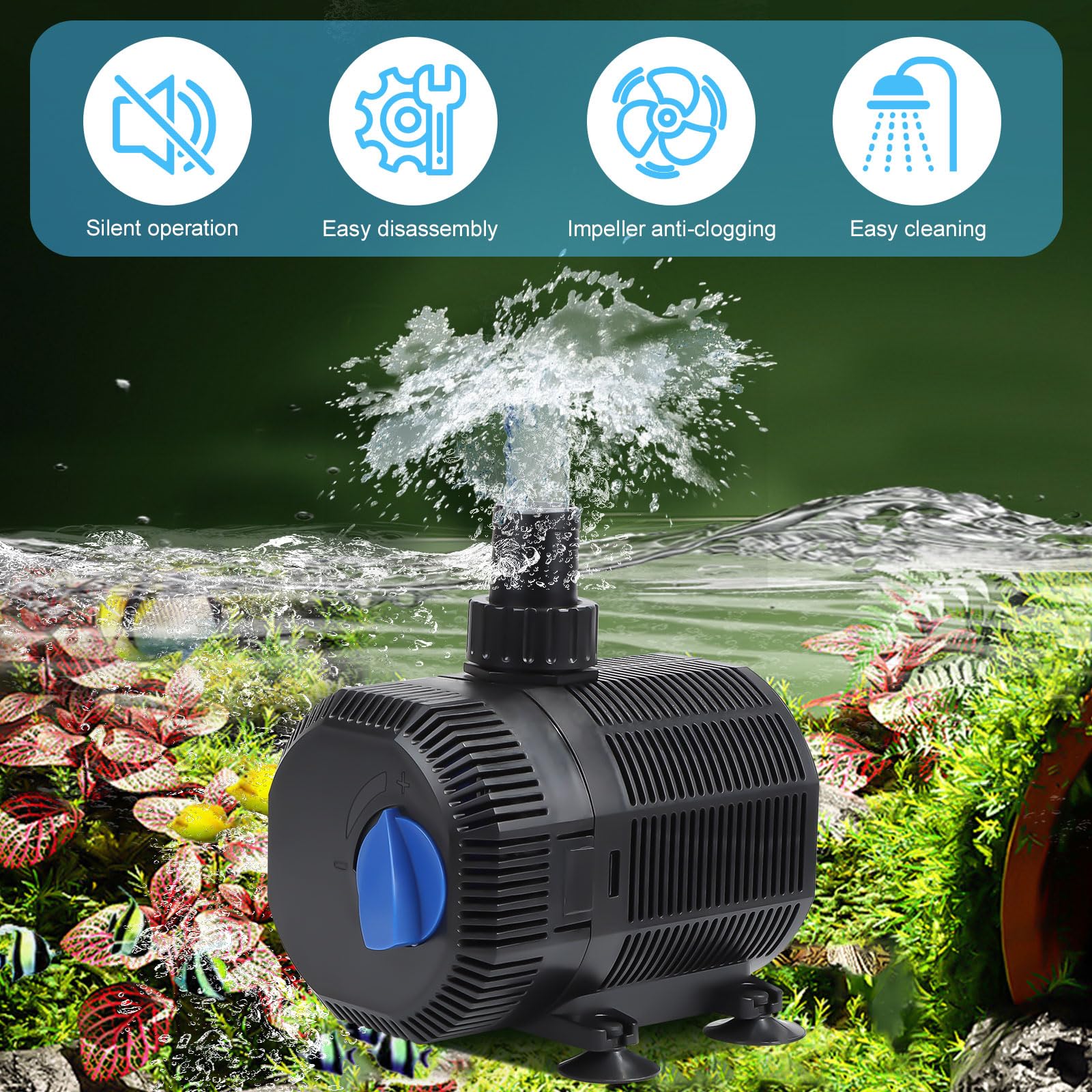 EXLECO Bomba de Agua Sumergible 45W con Filtro, 2700L/H, Cable 10M, 2 Boquillas para Estanque y Fuente de Jardín