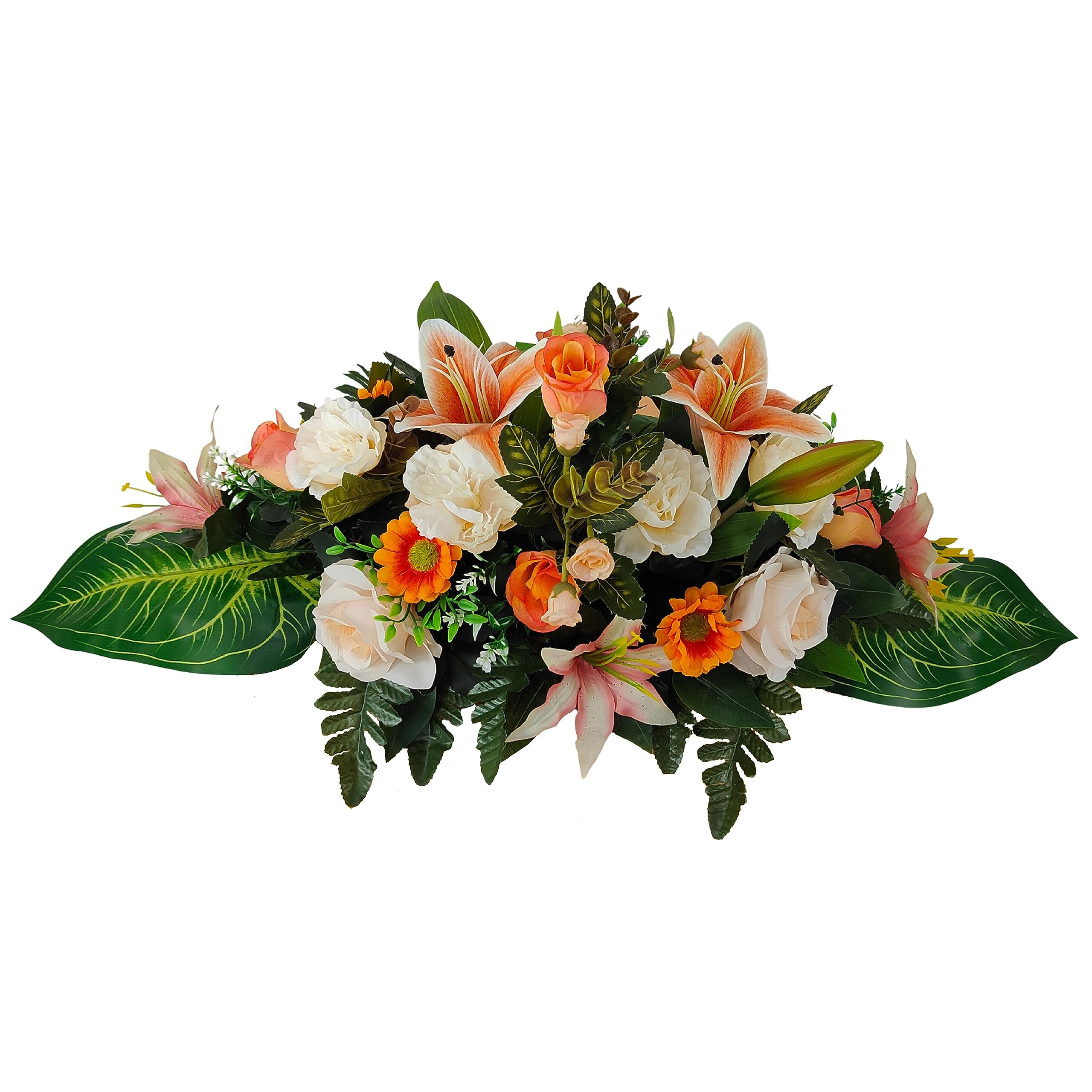 DRW Centro Flores Artificiales Cementerio, Santos, Iglesias, Aniversarios, Ceremonias, Bodas Naranja Salmon y Blanco con liliums, Rosas y Margaritas 75x24x30 cm