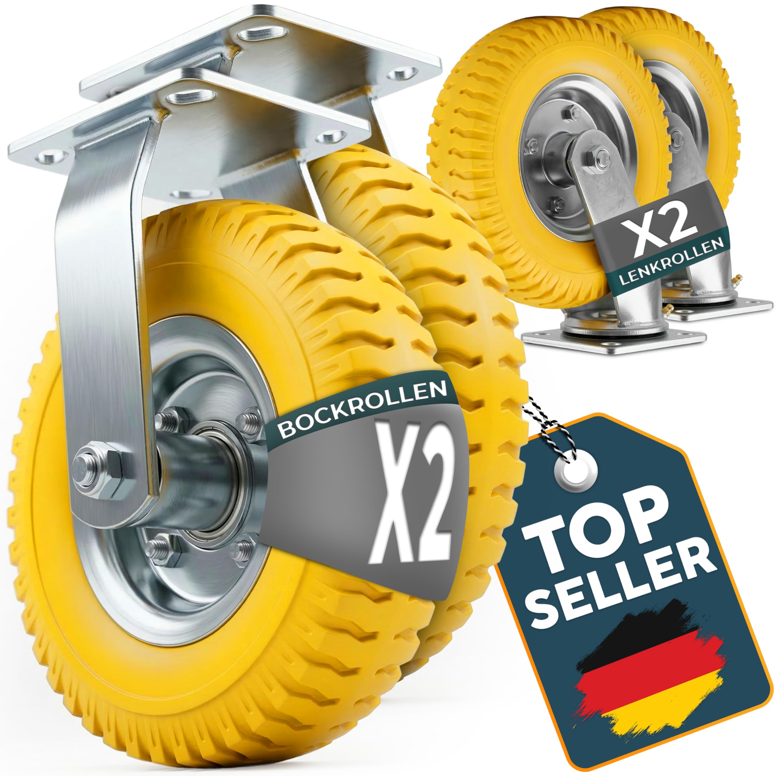 FROSAL 4-teiliges Rollen-Set 8 Zoll 2.50-4 – 2 Bockrollen und 2 Lenkrollen – pannensichere PU-Räder Ø 210 mm mit Stahlfelge – bis 120 kg – für Transportwagen
