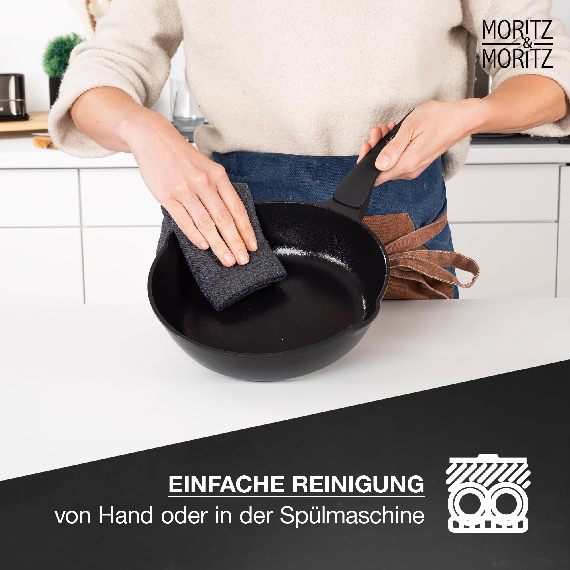 Moritz & Moritz Keramik Pfanne mit Deckel 26cm - frei von PFAS, PFOA & PTFE - Antihaft Bratpfanne 26cm - Schmorpfanne für alle Herdarten geeignet - Ideal zum Braten, Schmoren und Servieren - Schwarz
