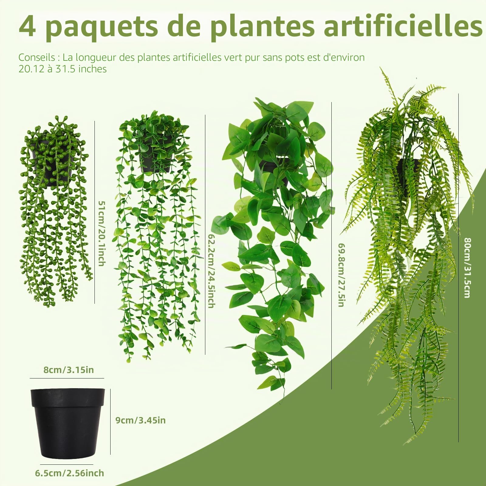 Lot de 4 plantes artificielles à suspendre avec pots - Plantes artificielles à suspendre à l'intérieur - Plantes artificielles de lierre pour intérieur et extérieur, chambre, bureau, terrasse