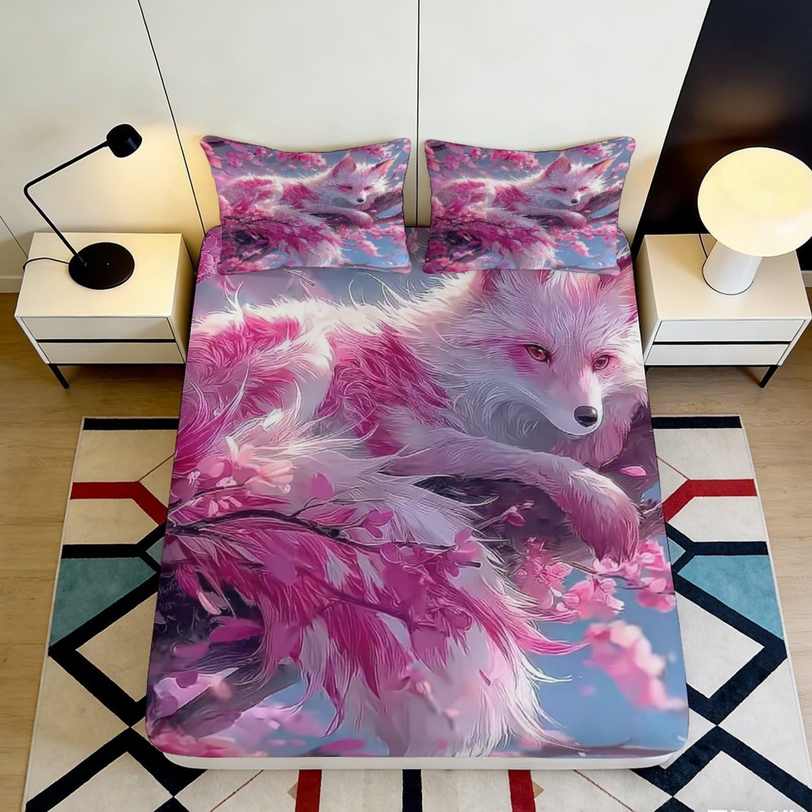 3D Printed Pink Fox Blossom Fitted Sheet Microfiber Soft Non-Slip Cherry Branch Mattress Cover Bedroom Decor 180x200x25cm